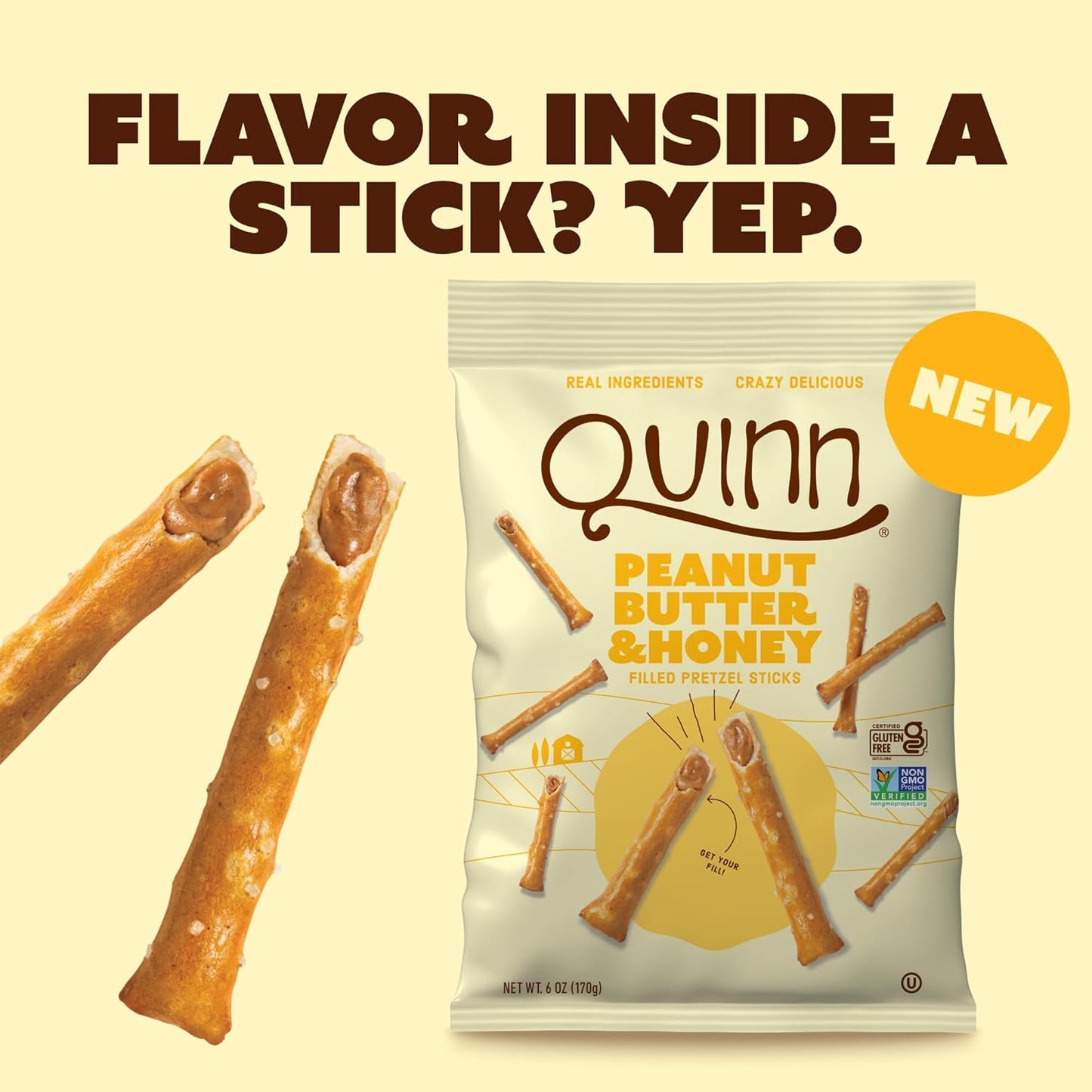 Quinn Snacks Peanut Butter & Honey Filled Pretzel Sticks - Gluten Free Snack, Sweet & Salty, Made with Real Natural Ingredients, Peanuts, Sorghum, & Root Vegetables, Dairy Free - 6 oz (Pack of 1)