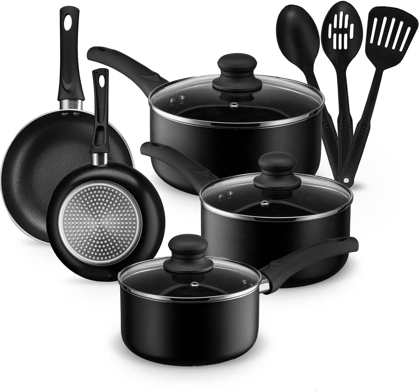 Pots and Pans Set, Aluminum Nonstick Cookware Set, Fry Pans, Casserole with Lid, Sauce Pan, and Utensils, 11 Piece Cooking Set (Black)