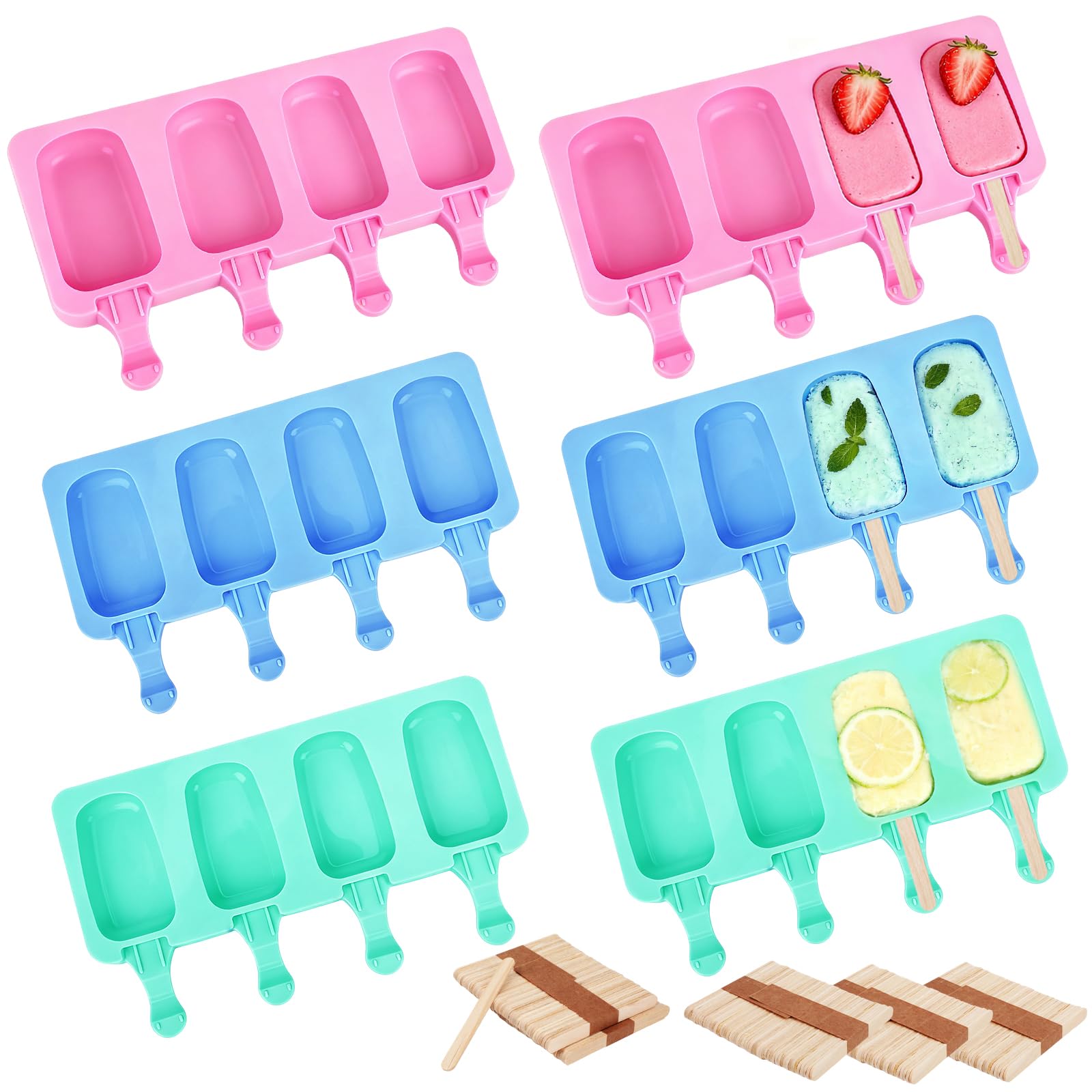 6 Set Small Silicone Popsicle Molds Ice Cream Mould 4 Cavity Ice Lolly Mold Oval Cake Pop Mould with 300 Pieces Wooden Sticks for DIY Cream Popsicle Cake, Pink Blue Green