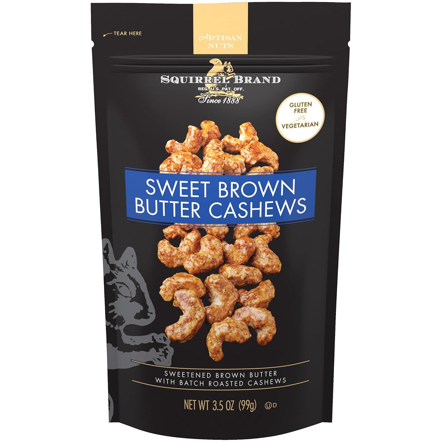 squirrel brand sweet brown butter cashews 3.5 ounces gluten free vegetarian resealable bag