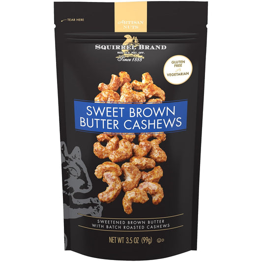 squirrel brand sweet brown butter cashews 3.5 ounces gluten free vegetarian resealable bag