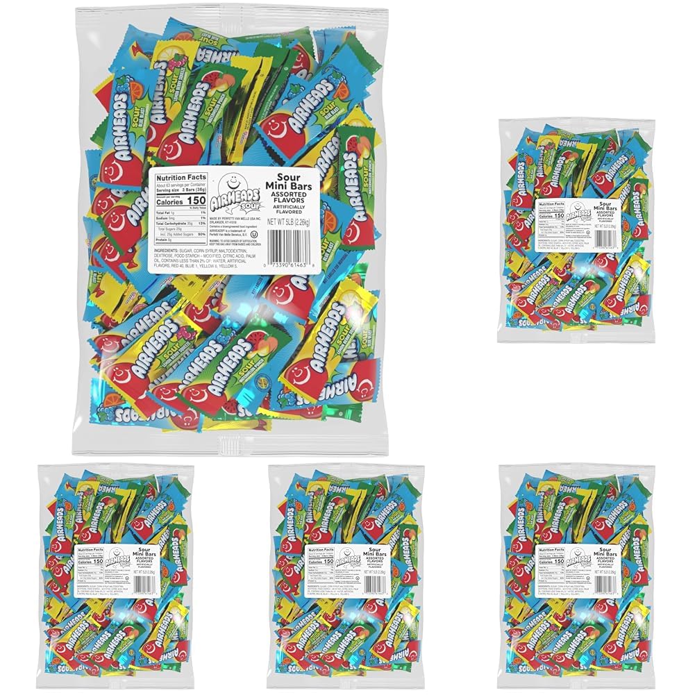 Airheads Mini SOURS Candy Bars, Sour Watermelon Punch, Blue Blast, and Lemon Berry Squeeze 12oz Variety Bag