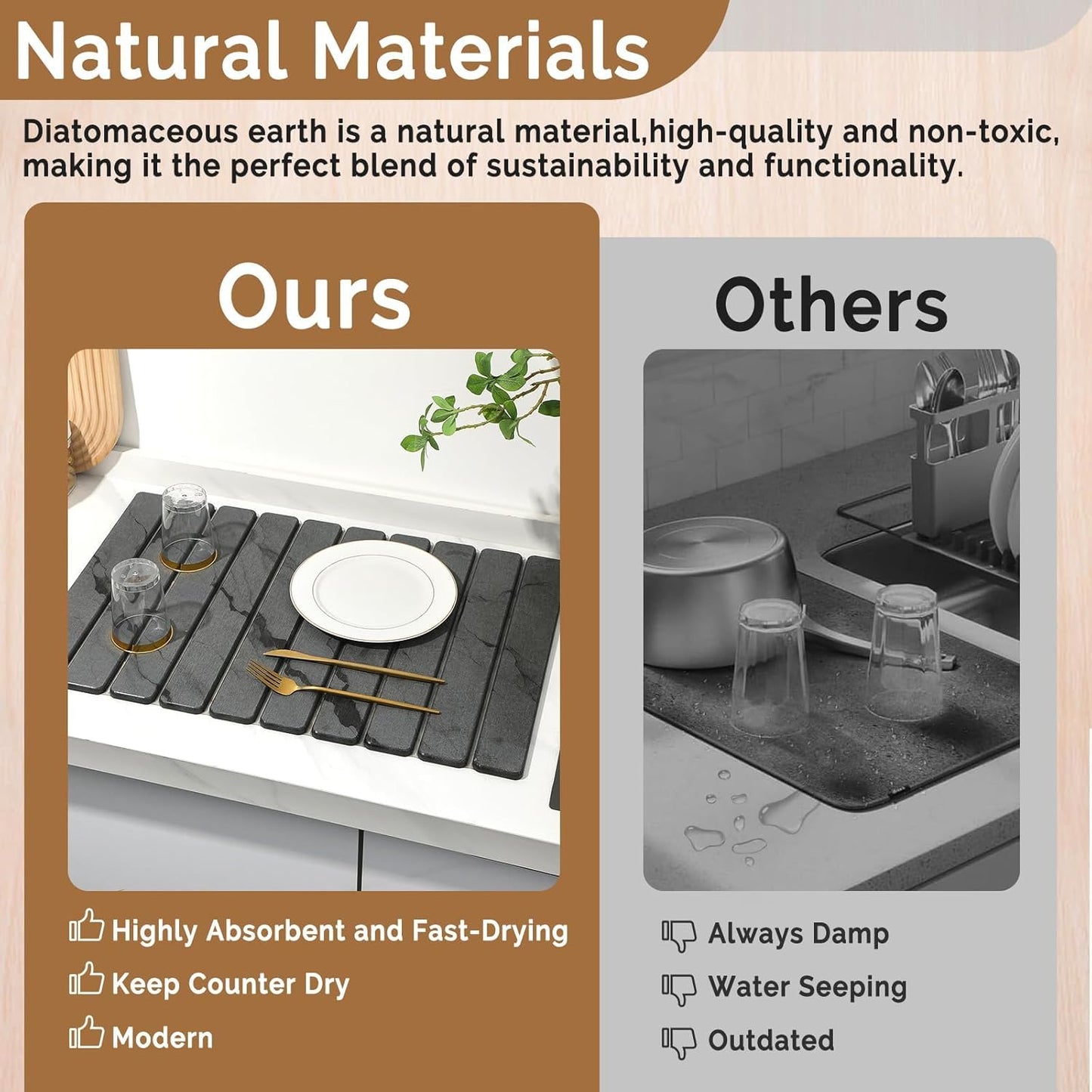 Large Stone Dish Drying Mat for Kitchen Counter,2 PCS Quick Dry Stone Dishes Mats,Foldable Water Absorbing Diatomaceous Earth Drying Pad for Countertop Bottles Utensils Cups(Dark Gray 24"×16" & 8"x4")