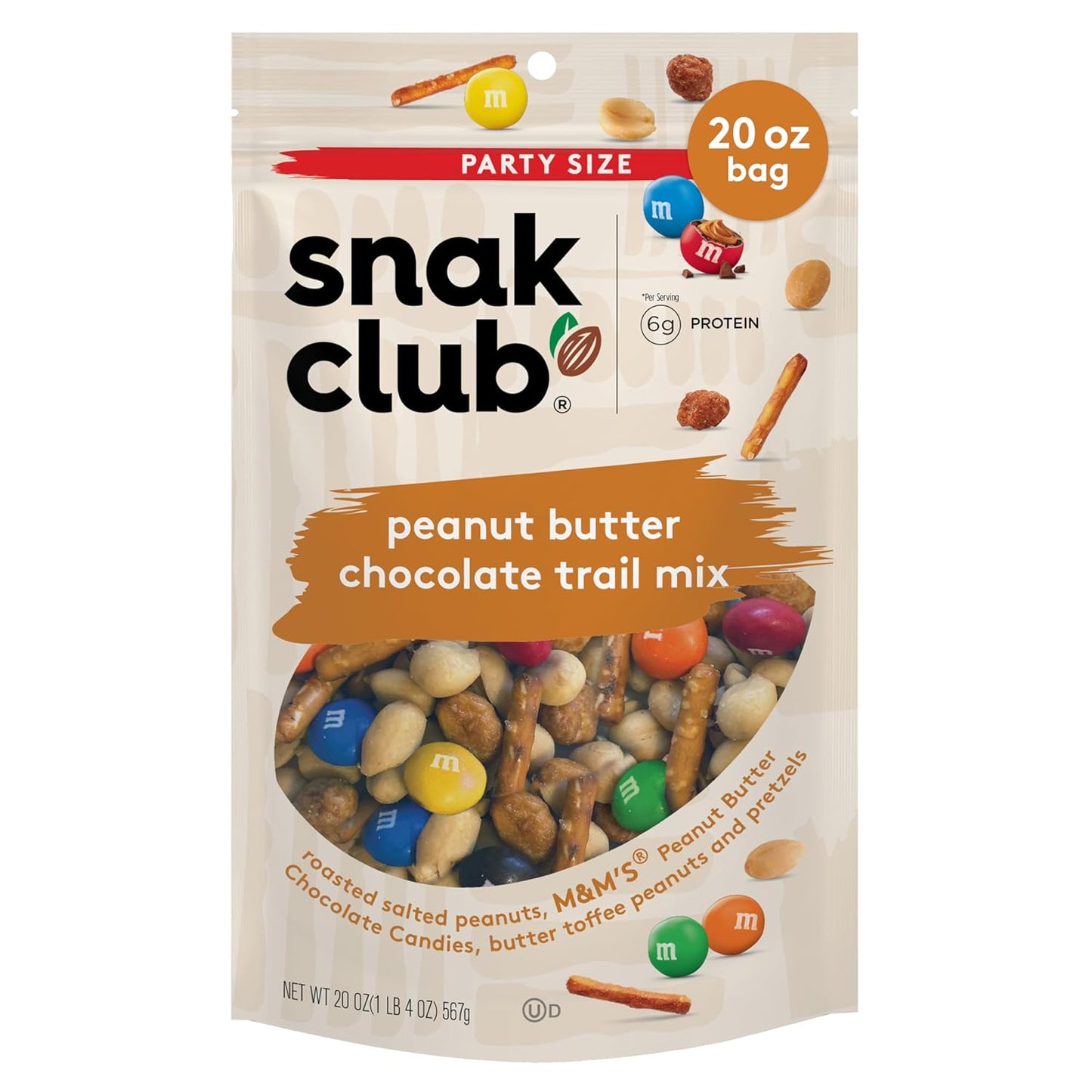 Snak Club Sweet and Salty Trail Mix with Peanuts, Butter Toffee Peanuts, M&M'S Chocolate Candies, Toasted Corn, Honey Sesame Sticks, and Almonds, Kosher Snack, 24 oz Resealable Bag