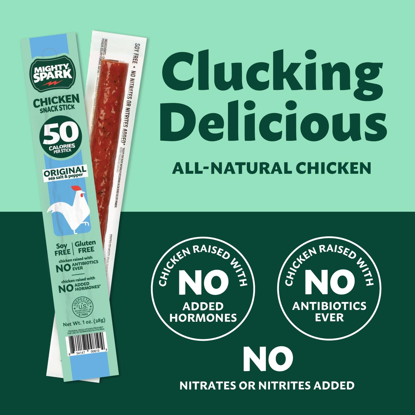 Mighty Spark Chicken Snack Sticks - Original Sea Salt & Pepper- 6g of Protein, No Antibiotics Ever, No Hormones Added, Gluten Free, Soy Free Meat Sticks - High Protein Keto Snacks - 12 Count