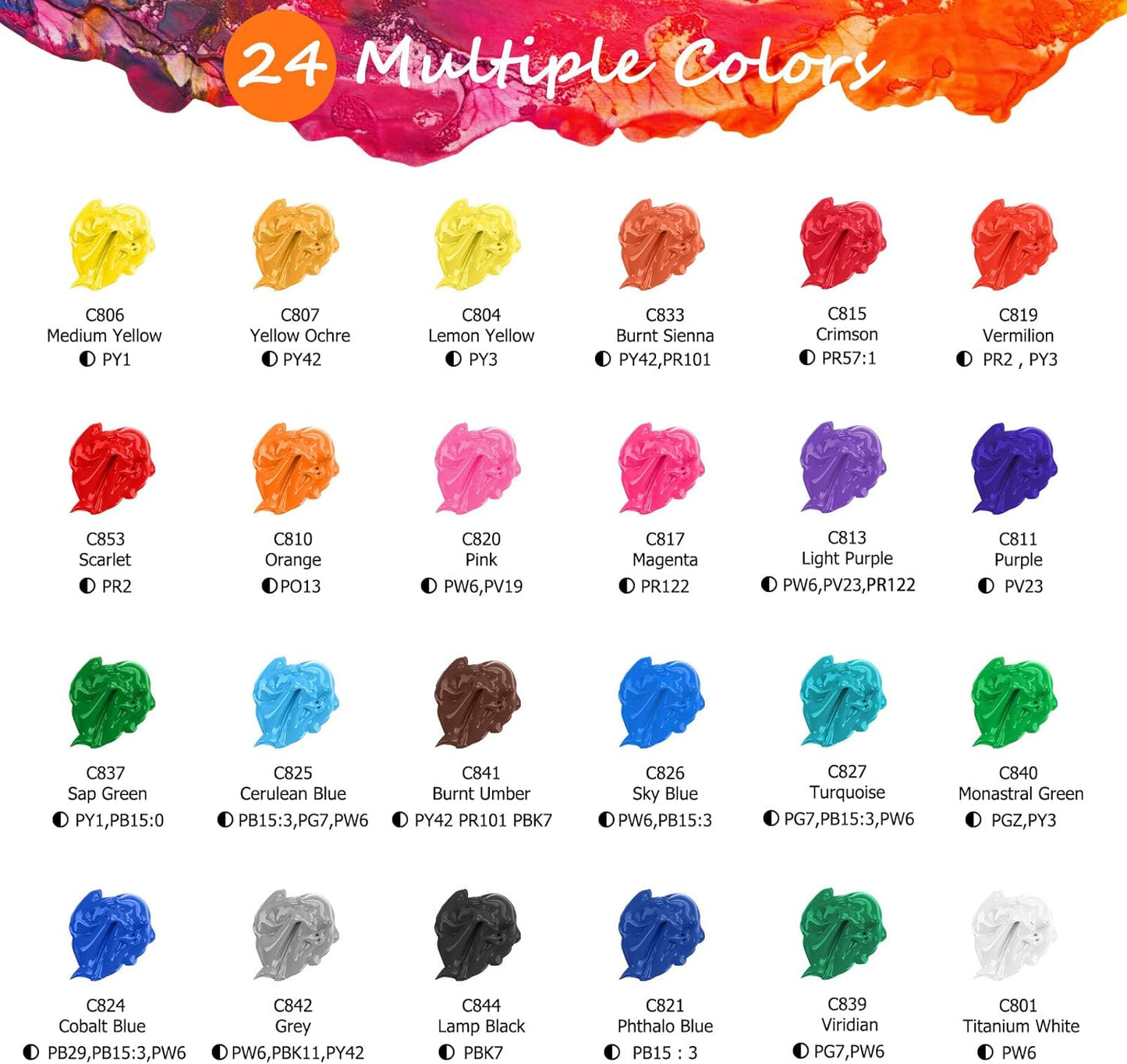 Caliart 24 Colors Acrylic Paint Set with 12 Brushes, Art Craft Paints Gifts Trendy Stuff for Adults Artists, Halloween Pumpkin Canvas Ceramic Rock Eggs Painting Kit Art Supplies