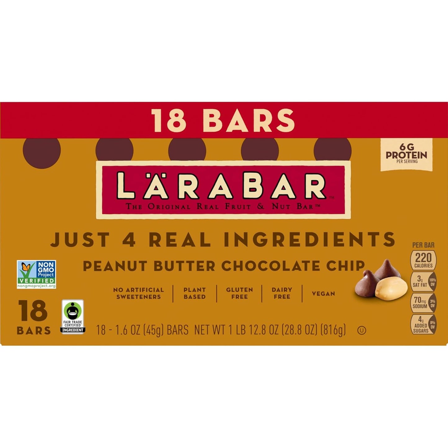 Larabar Peanut Butter Chocolate Chip, Fruit and Nut Bars, Gluten Free and Vegan, 18 Ct, 28.8 oz