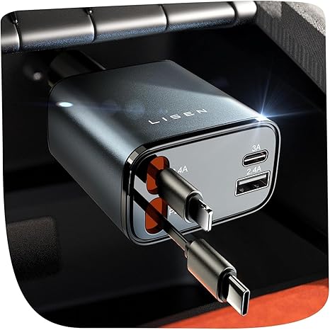 LISEN Retractable Car Charger, Birthday Gifts for Men Tech Gadgets 2026, 69W Cars Adapter USB C Fast Charger for iPhone 17, Car Accessories for Men Women Drivers, for iPhone 17 Pro Max Air 16 15 14 13