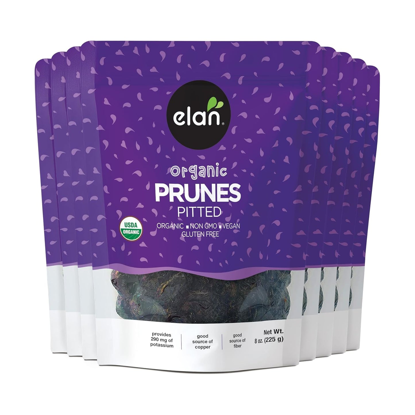 Elan Organic Pitted Prunes, 7.9 oz, Natural Dried Fruit, No Sugar Added, Sulphite-free, Non-GMO, Vegan, Gluten-Free, Kosher, Healthy Snack, Dried Plums