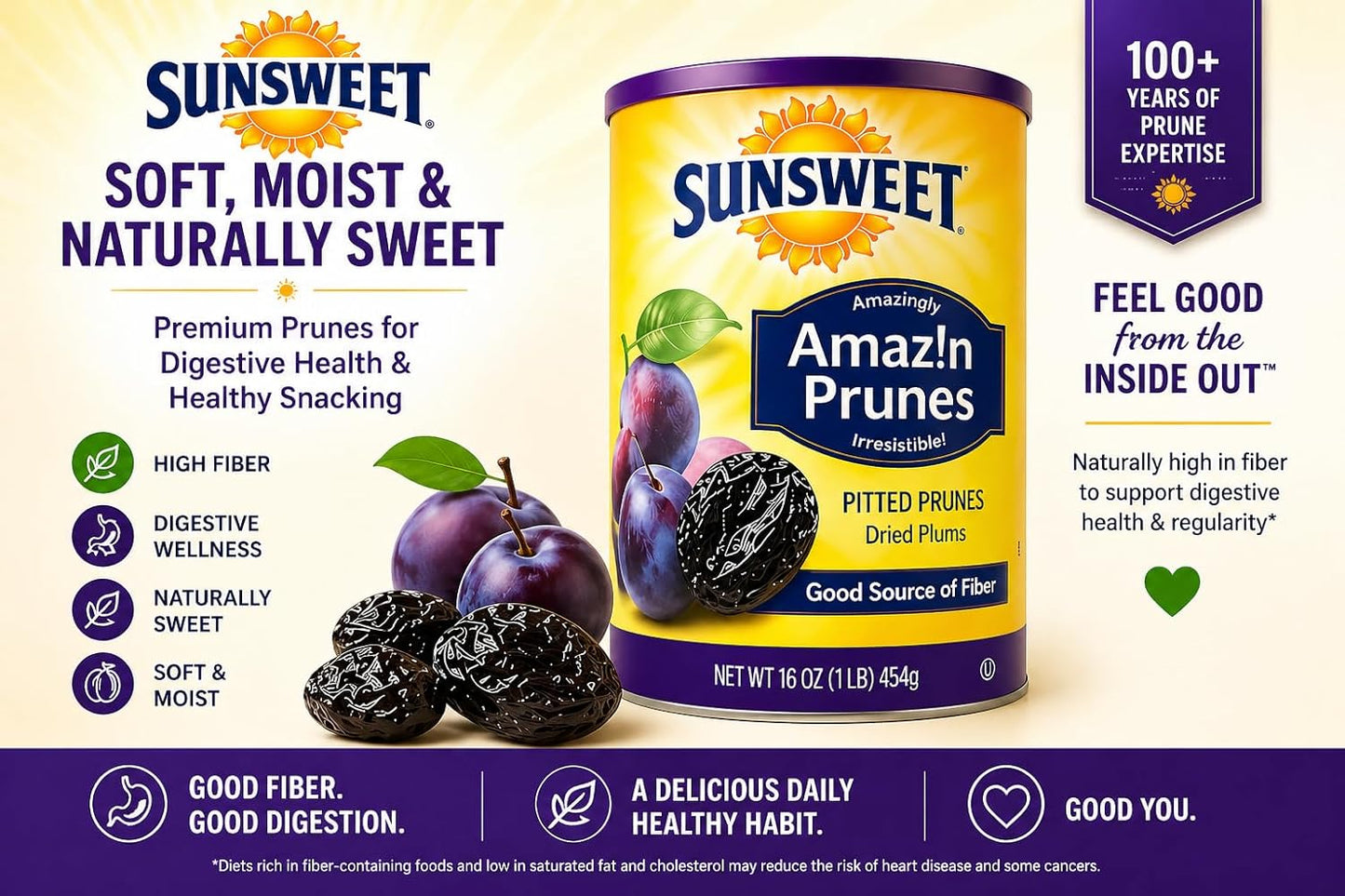 Sunsweet Prunes, Pitted Prunes Bundle, ONE 16 oz Canister of Dried Plums Plus "General Zhing's Recipes For Prune Lovers" - GREAT VALUE
