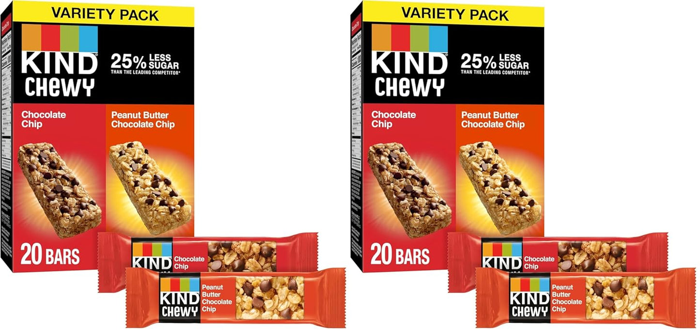 KIND Chewy Granola Bars Variety Pack, Gluten Free, Low Calorie, Healthy Snacks, Chocolate Chip, Peanut Butter Chocolate Chip, 20 Count