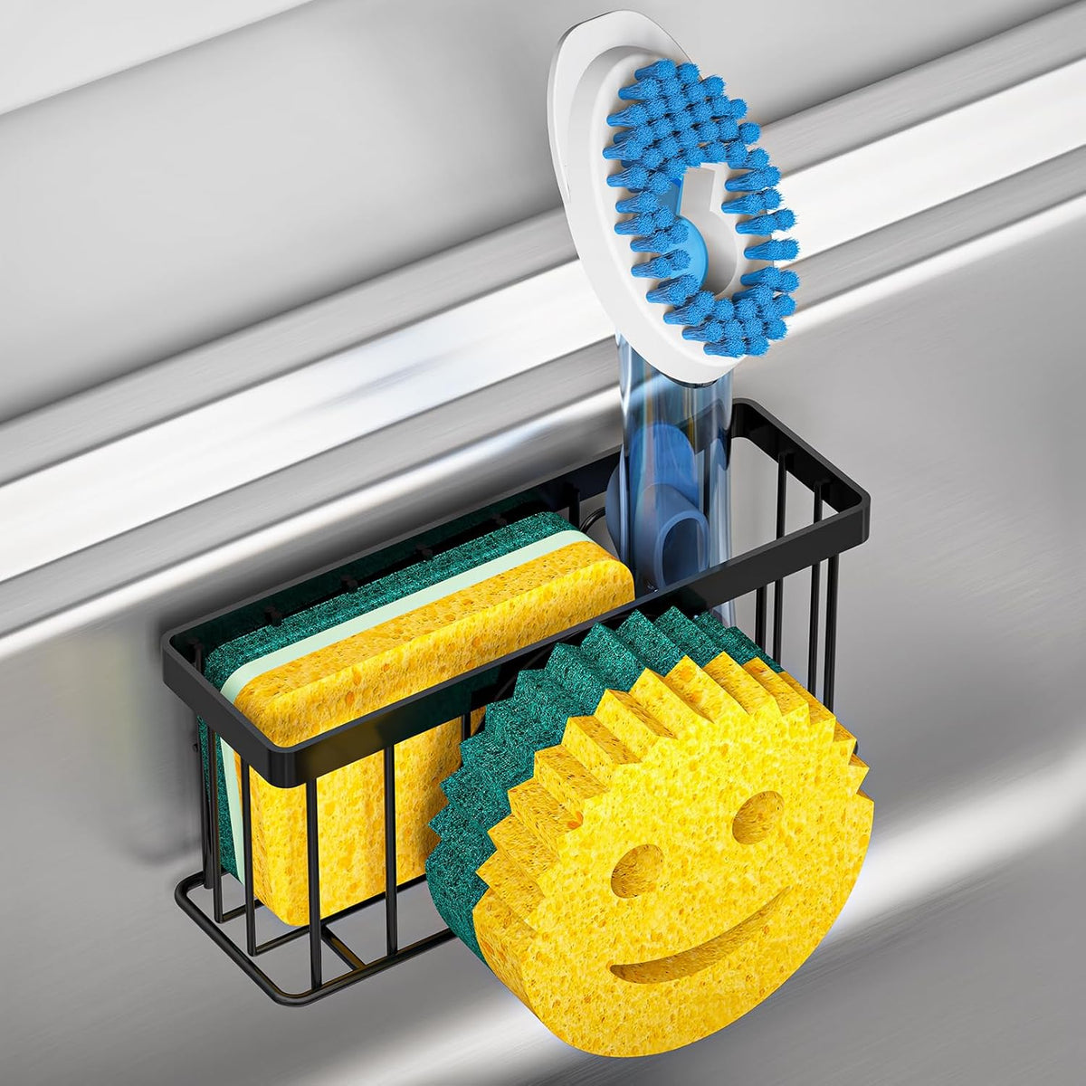 Sponge Holder Smiley Face, Sink Caddy for kitchen Sink, Kitchen Organizer Sponge Holder with 2 PCS Suction Cups/1 PCS Adhesive Strips, Designed for Sponge, Soap, Dish brush, Scrubber-Black