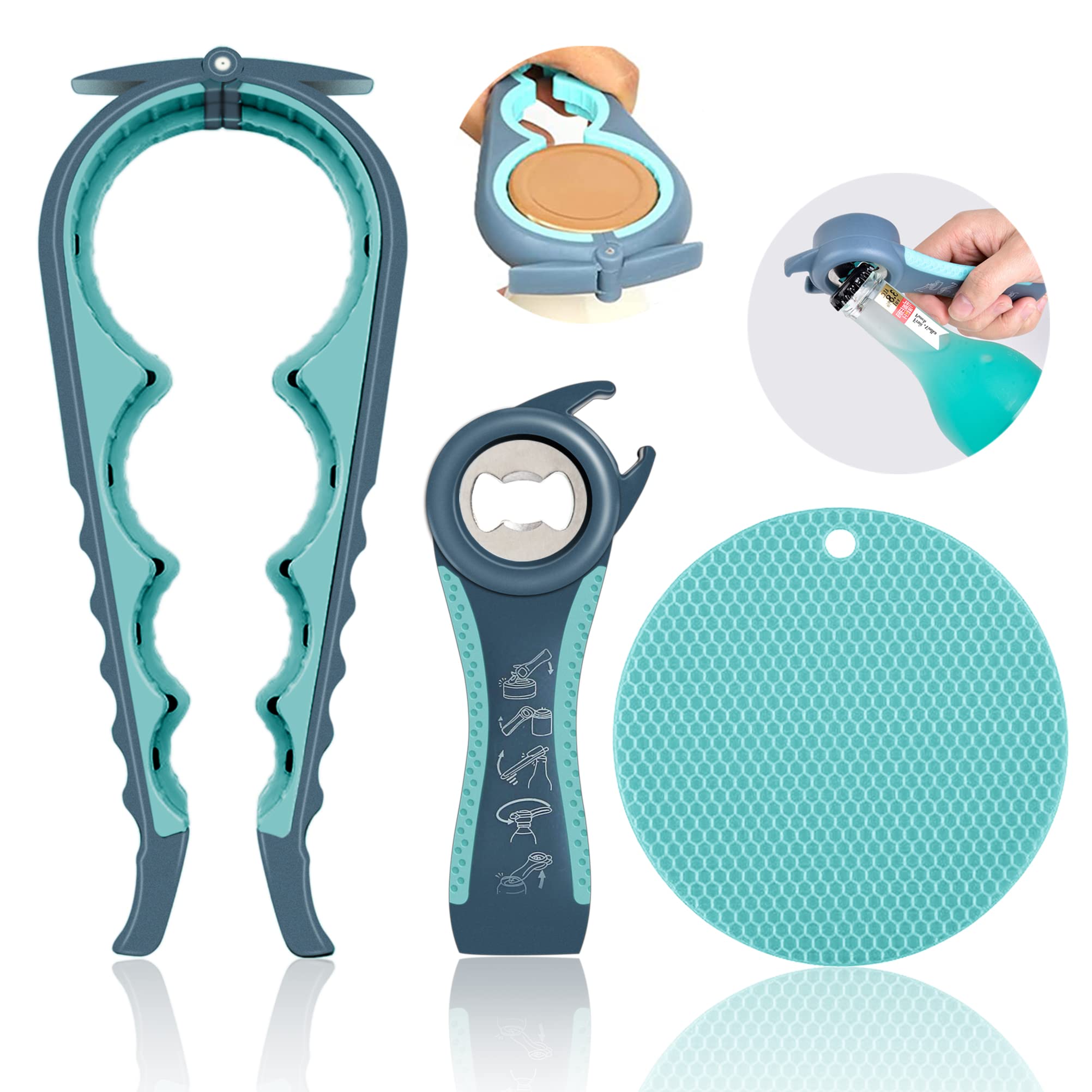 Jar Opener for Weak Hands, Seniors with Arthritis, 5 in 1 Multi Function Bottle Opener Lid Opener For Arthritic Hands with Non Slip Rubber Jar opener Gripper Pad(blue)