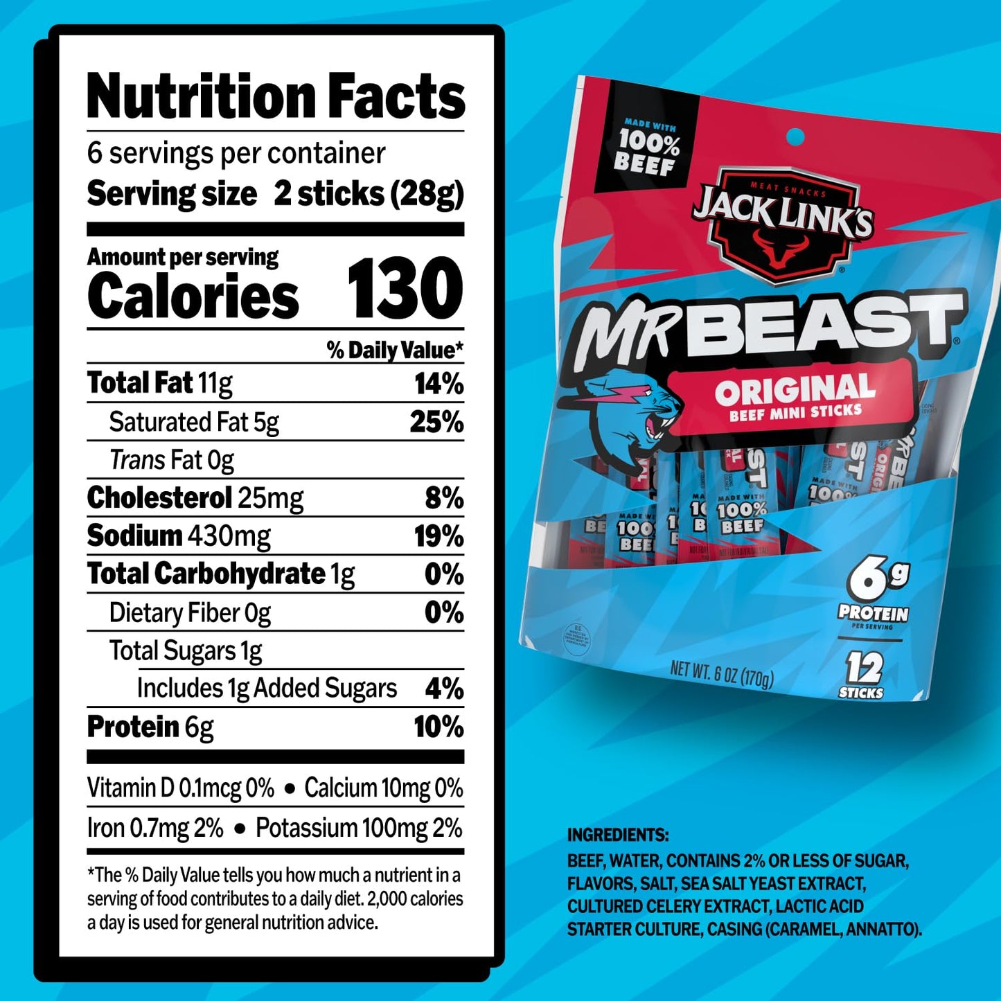 Jack Link's x MrBeast Original Mini Beef Jerky Sticks - Individually Wrapped Protein Snacks - 6g Protein per Serving - Made with 100% Real Beef - (12 Pack) 0.5 oz Meat Sticks
