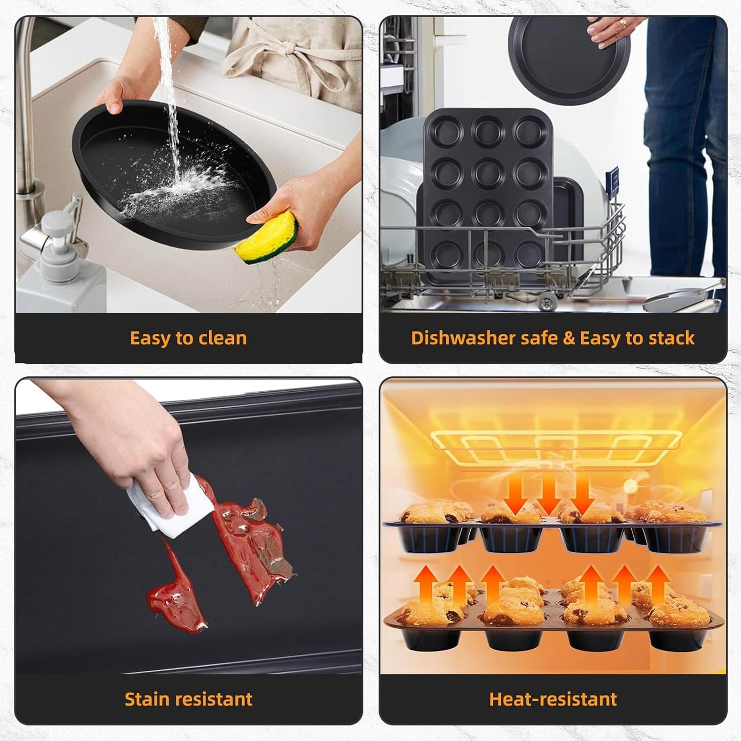 Baking Pans Set, 5-Piece Nonstick Bakeware Sets with Round/Square Cake Pan, Muffin Loaf Roast Pan, Baking Sheets for Oven, Kitchen Cookware Sets Baking Tray Baking Supplies, Black