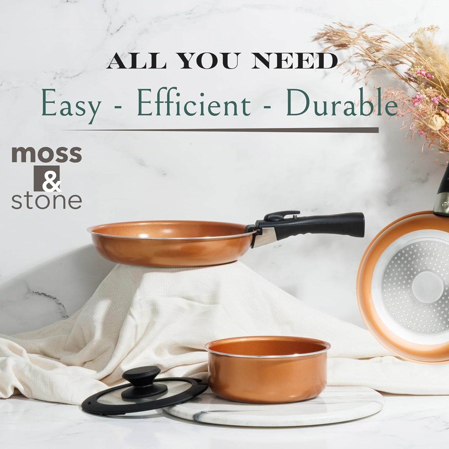 Moss & Stone Copper Pots And Pans Set Nonstick, Removable Handle Cookware, Stackable Pots And Pans Set, Dishwasher safe, Induction Pots And Pans, Camping Cookware Set, Aluminum (7 Pcs)