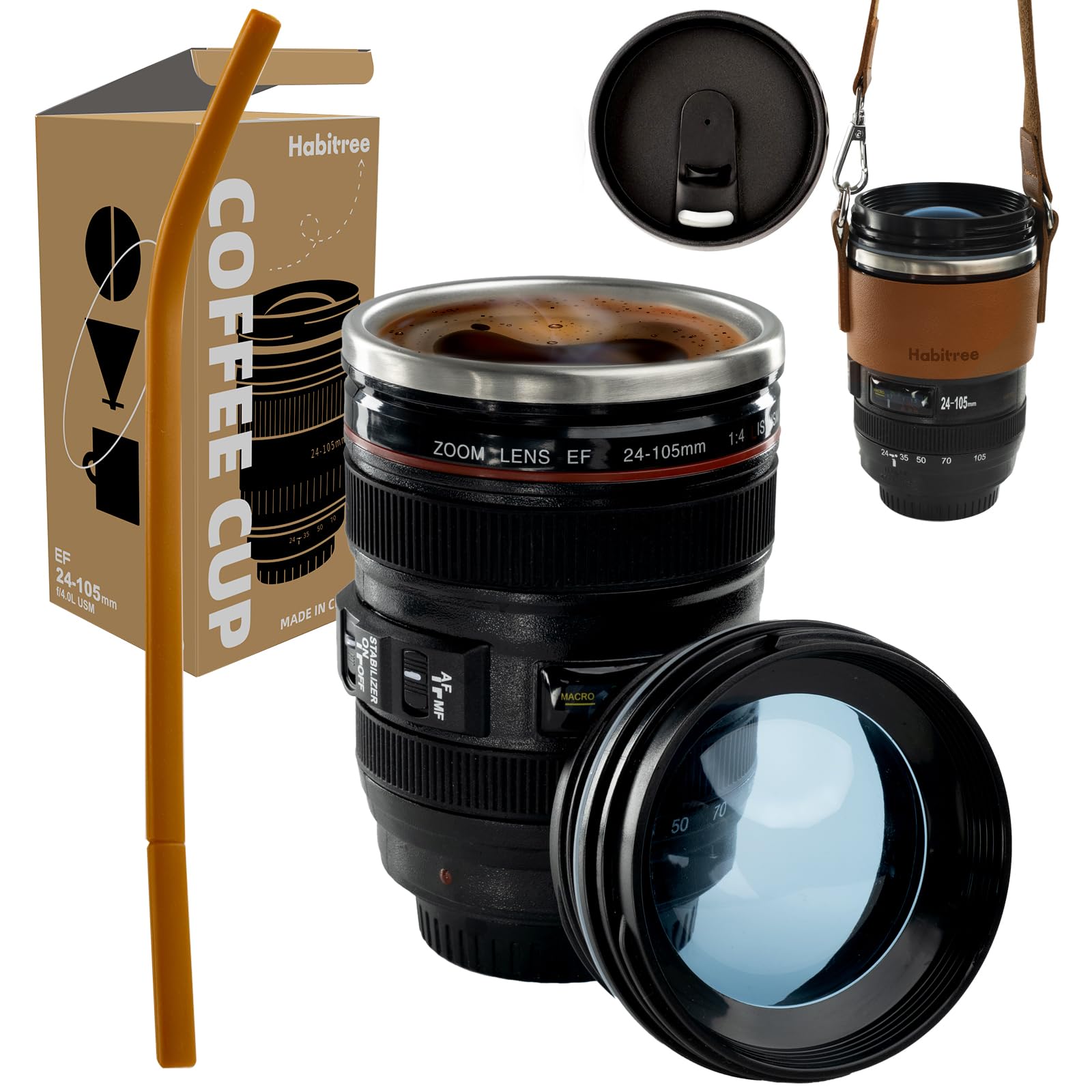Coffee Mug- Ideal for Photographers&Travelers - Day Gifts,2 Lids,Cup Holder,Silicone Straw- Stainless Steel Lens Mug Thermos-Gift for Him, Photography, Camera accessories, Novelty Gifts