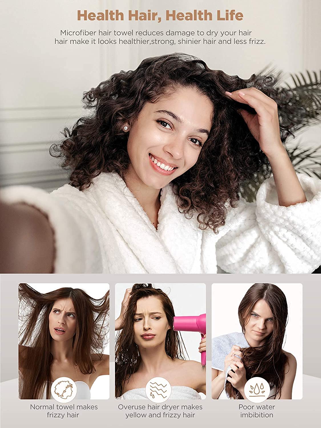 Hicober Microfiber Hair Towels, 3-Pack Drying Wraps for Curly Hair