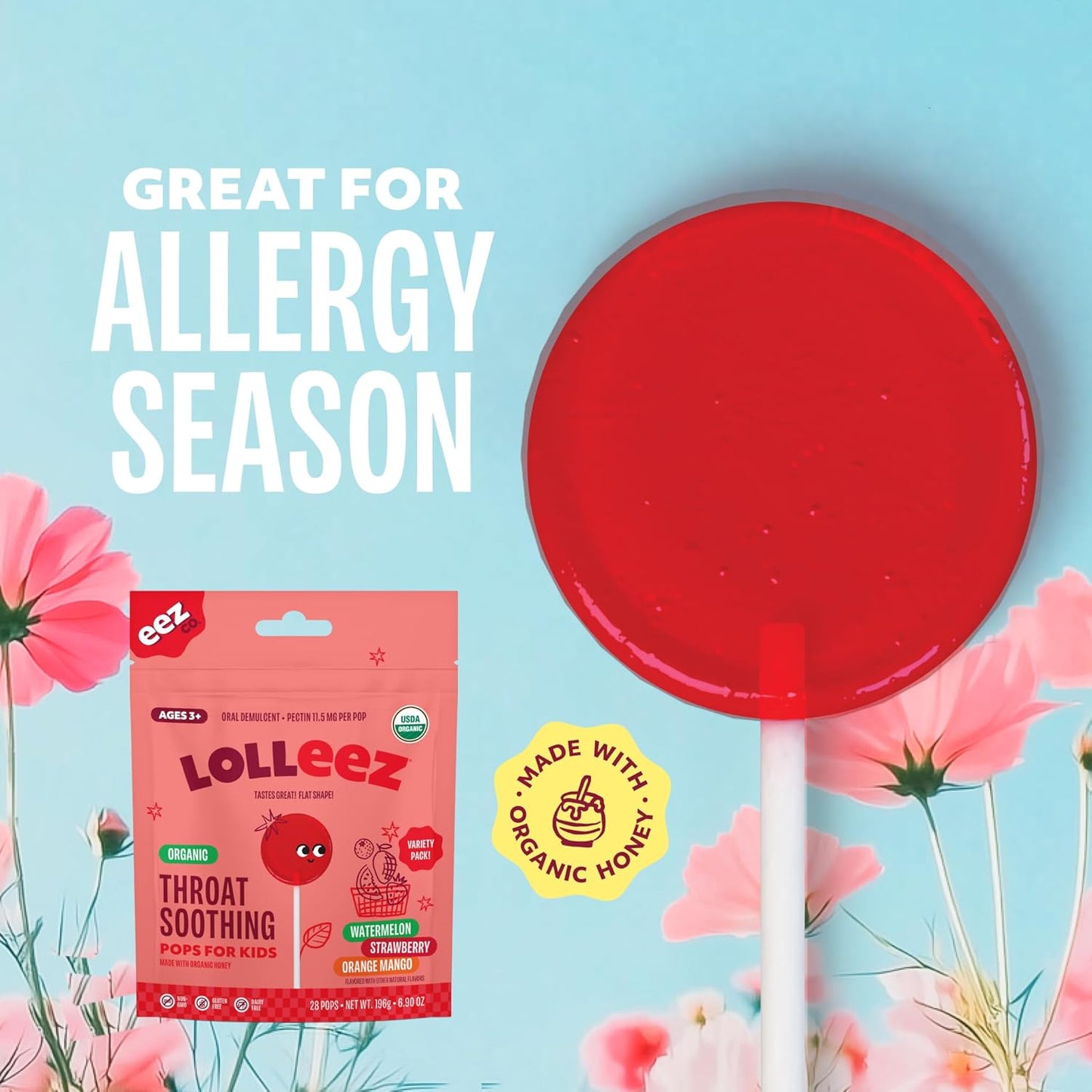 Lolleez by EEZ Co. Organic Throat Soothing Pops for Kids, Variety Pack, 28ct