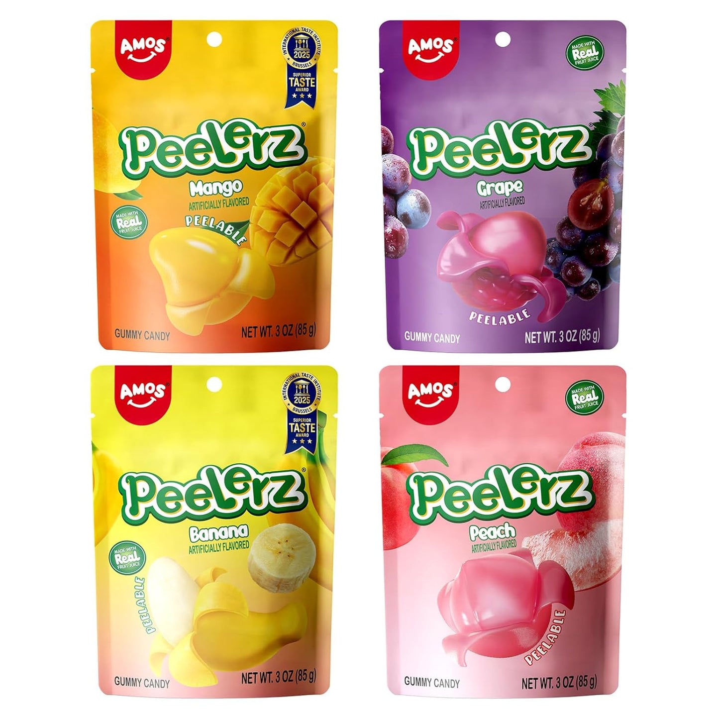AMOS Peelerz Exotic Fruit Peelable Gummy Candy – 5 Fruit Flavors (Mango, Peach, Banana, Pineapple, Lychee), 8.47oz (240g), Individually Wrapped
