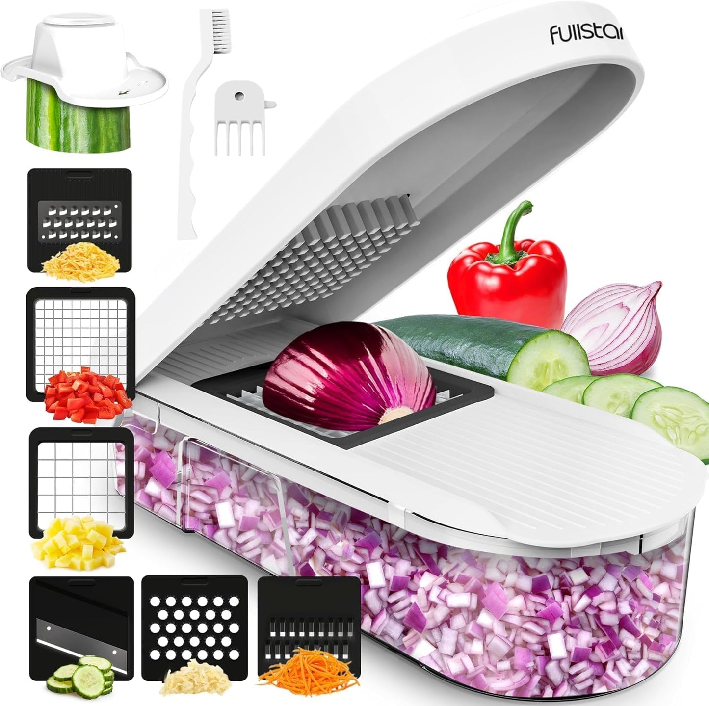 Fullstar Mandoline Slicer for Kitchen - Vegetable Chopper, Onion Potato Food Veggie Fruit Slicer and Cutter with Container, Kitchen Gadgets & Gifts, Home Essentials (6-in-1, White/Black)