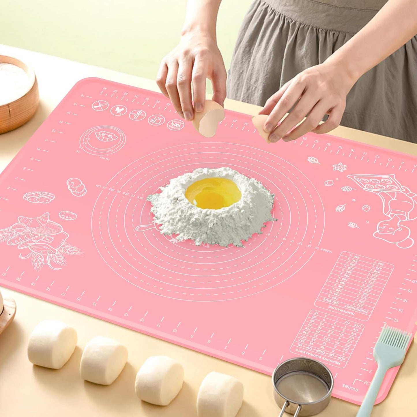 Silicone Baking Mat 24" x 16" Extra Thick Non-stick Pastry Mat with Measurements and Edge Heightening, Food Grade Silicone for Countertop Dough Rolling Making Bread, Cookies, Pizza, Fondant, Pasta