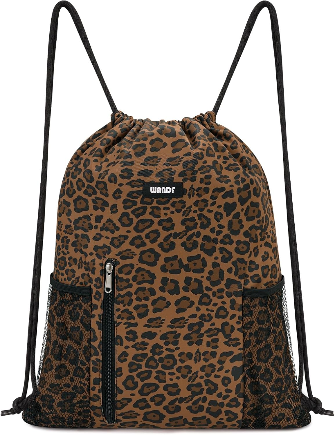 WANDF Drawstring Backpack Sports Gym Sackpack with Mesh Pockets Water Resistant String Bag for Women Men(Black)