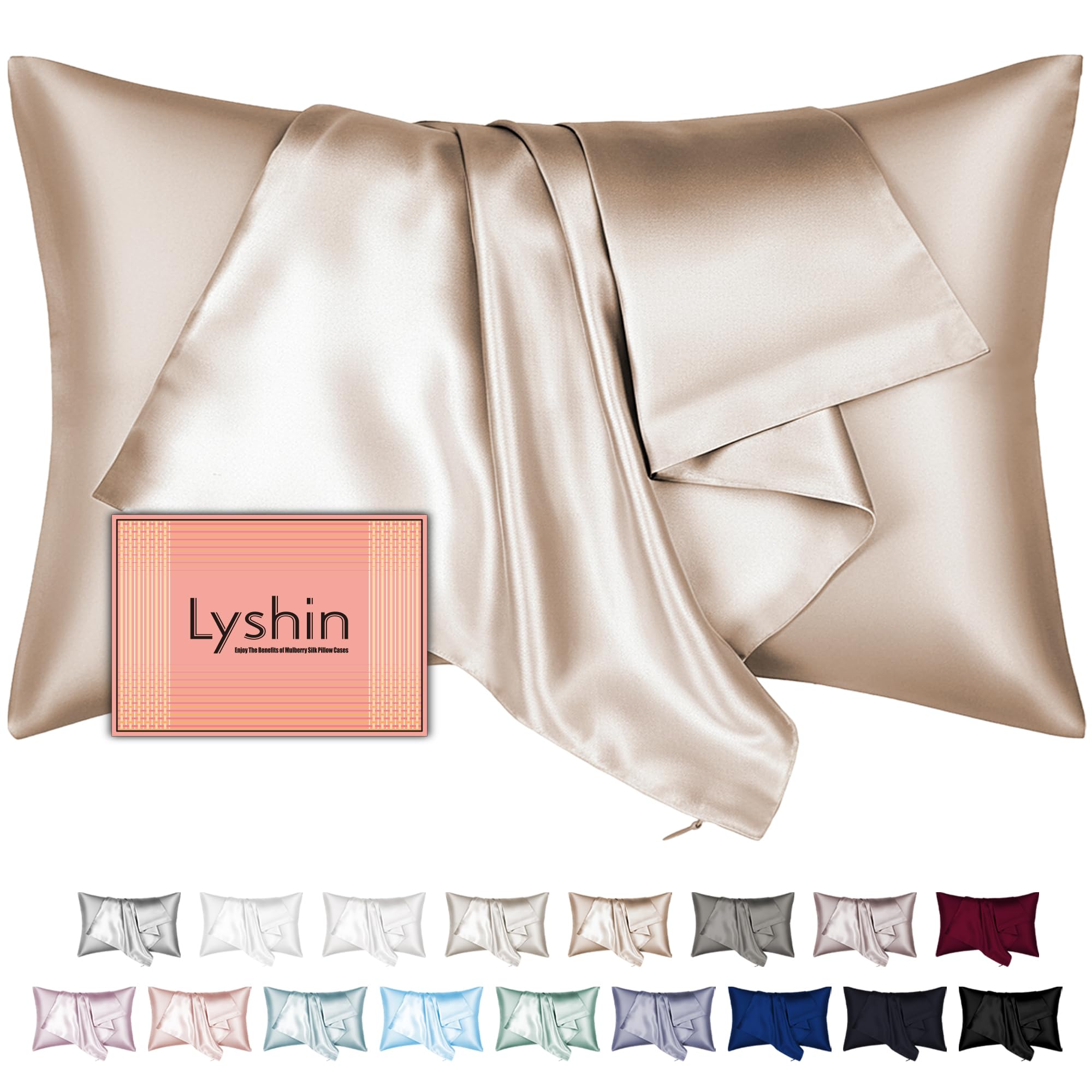Mulberry Silk Pillow Cases Standard Size with Hidden Zipper, Ultra Smooth and Soft Breathable Cooling Silk Satin Pillowcase for Hair and Skin, Gifts for Women Men (Champagne, 20x26 Inches, 1 Pack)