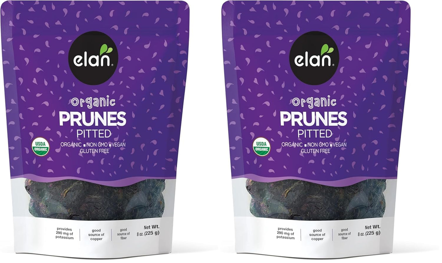 Elan Organic Pitted Prunes, 7.9 oz, Natural Dried Fruit, No Sugar Added, Sulphite-free, Non-GMO, Vegan, Gluten-Free, Kosher, Healthy Snack, Dried Plums
