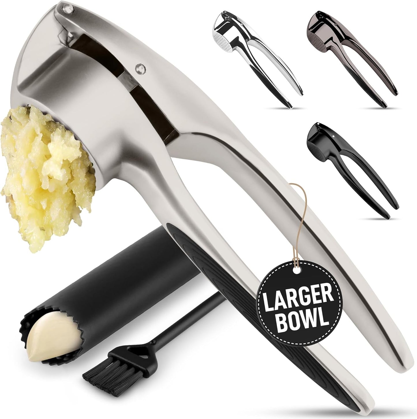 Zulay Kitchen Premium Garlic Press Set - Rust Proof Professional Garlic Mincer Tool - Easy-Squeeze, Easy-Clean with Soft, Ergonomic Handle - Silicone Garlic Peeler & Brush (Silver)