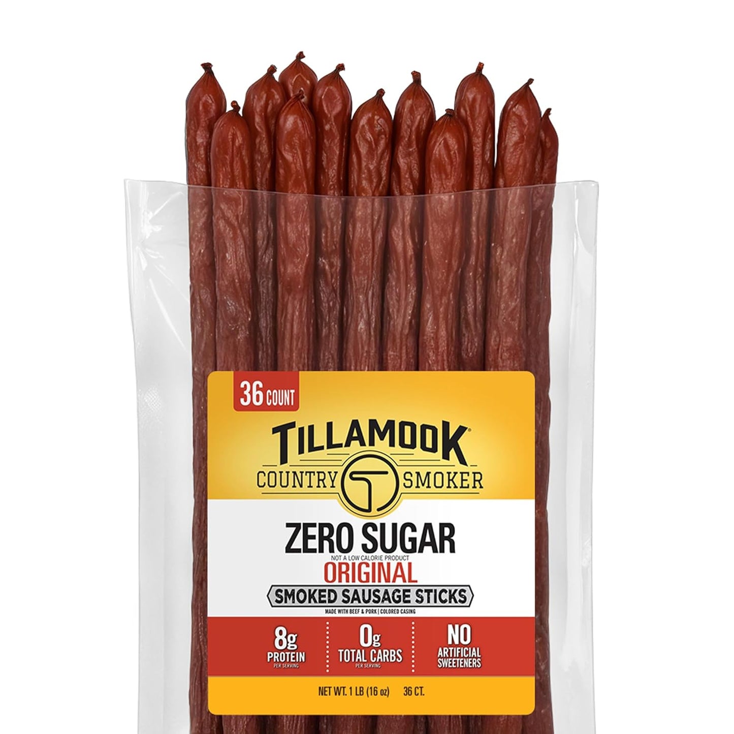 Tillamook Country Smoker Smoked Sausage, Zero Sugar, Original, 16 Ounce (36 Count Meat Sticks) Real Hardwood Smoked Sausages, Low Carb, High Protein Ready to Eat Keto Snack