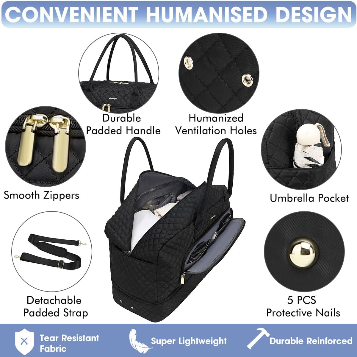 LUOCIP Large Women Travel Duffle Bag, Carry on Bag with Wet Toiletry Pocket for Overnight, Weekend, Yoga, Gym, Business Trips, Sport and Hospital, Black