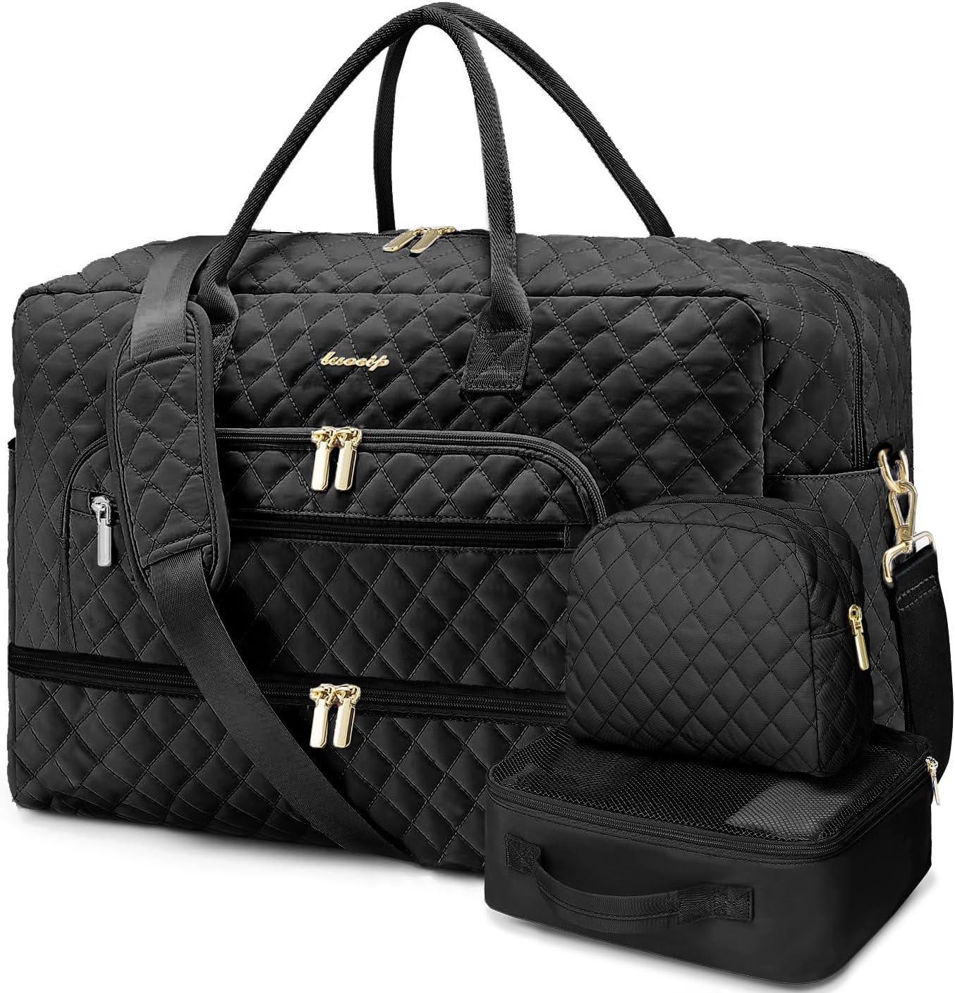 LUOCIP Large Women Travel Duffle Bag, Carry on Bag with Wet Toiletry Pocket for Overnight, Weekend, Yoga, Gym, Business Trips, Sport and Hospital, Black