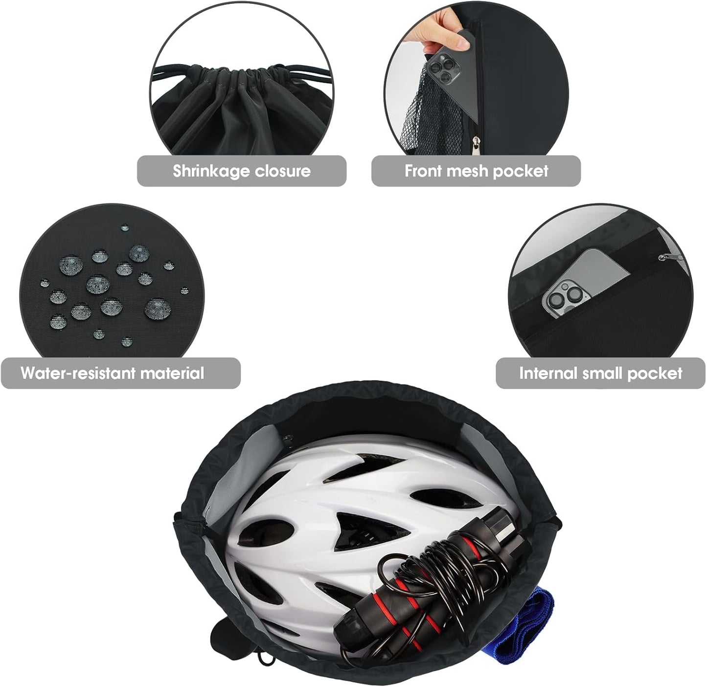 WANDF Drawstring Backpack Sports Gym Sackpack with Mesh Pockets Water Resistant String Bag for Women Men(Black)