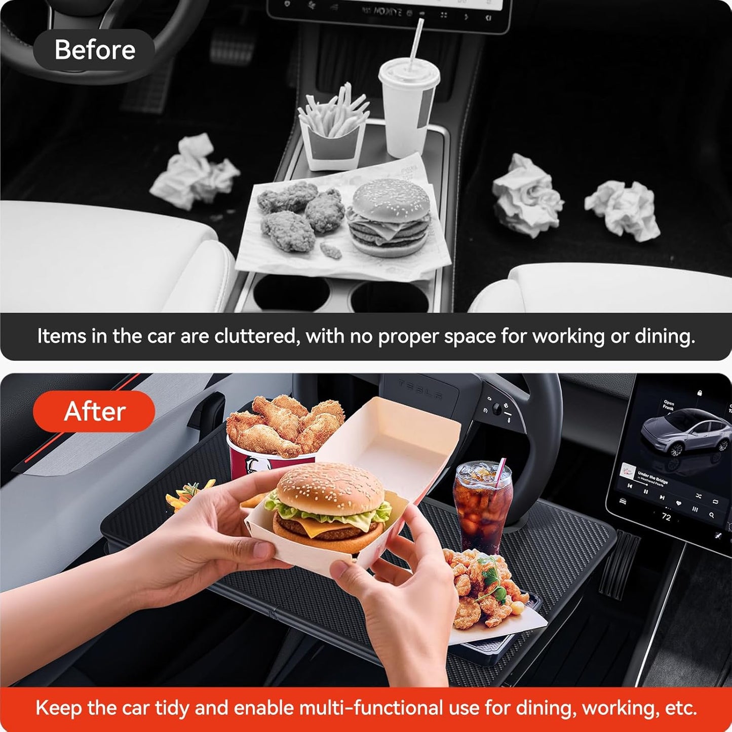 YONZEE 2-in-1 Car Steering Wheel Desk Tray & Car Seat Gap Filler Organizer – Foldable Carbon Fiber Look Table for Laptop, Eating Food, Writing – Multipurpose Travel Car Accessories