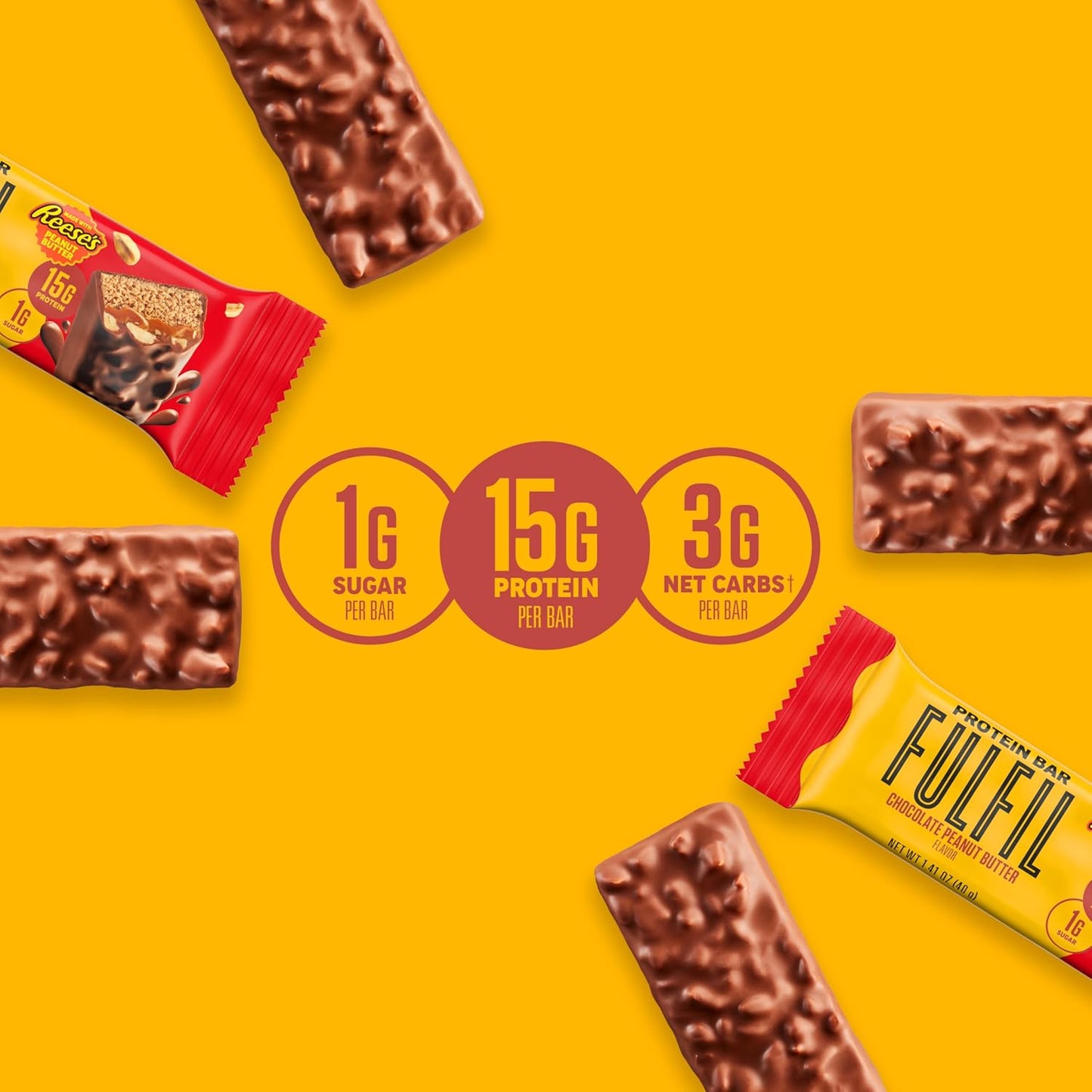 FULFIL Chocolate Peanut Butter Flavored Protein Bar Made with REESE's Peanut Butter, Gluten Free with 15g Protein, Pantry Staples, 12 Count