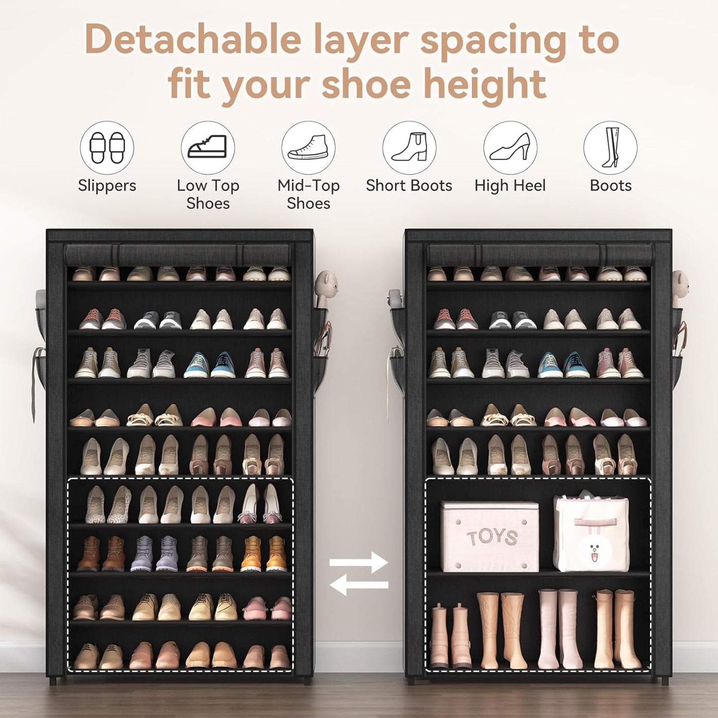 Shoe Rack with Covers - 10 Tiers Tall Shoe Rack Organizer Large Capacity Shoe Shelf Storage 40 Pairs Space Saving Vertical Shoe Storage Organizer for Closet, Entryway, Dorm, Bedroom