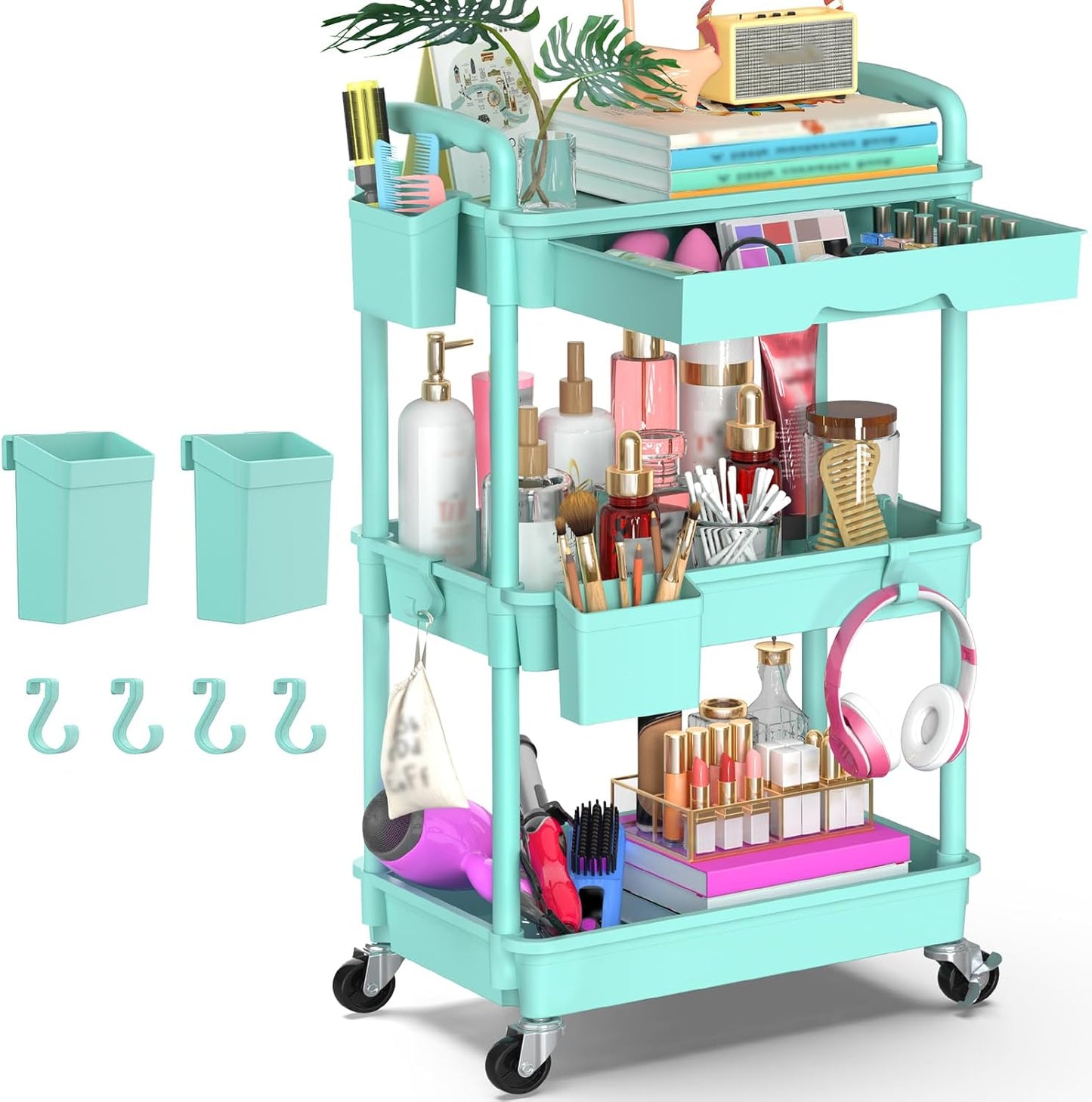 Goovilla 3 Tier Rolling Utility Cart Organizer with Removable Drawer, Stable and Sturdy Black Rolling Storage Carts with 2 Lockable Wheels for Bathroom, Kitchen, Snack, Craft, Makeup, Baby Essentials