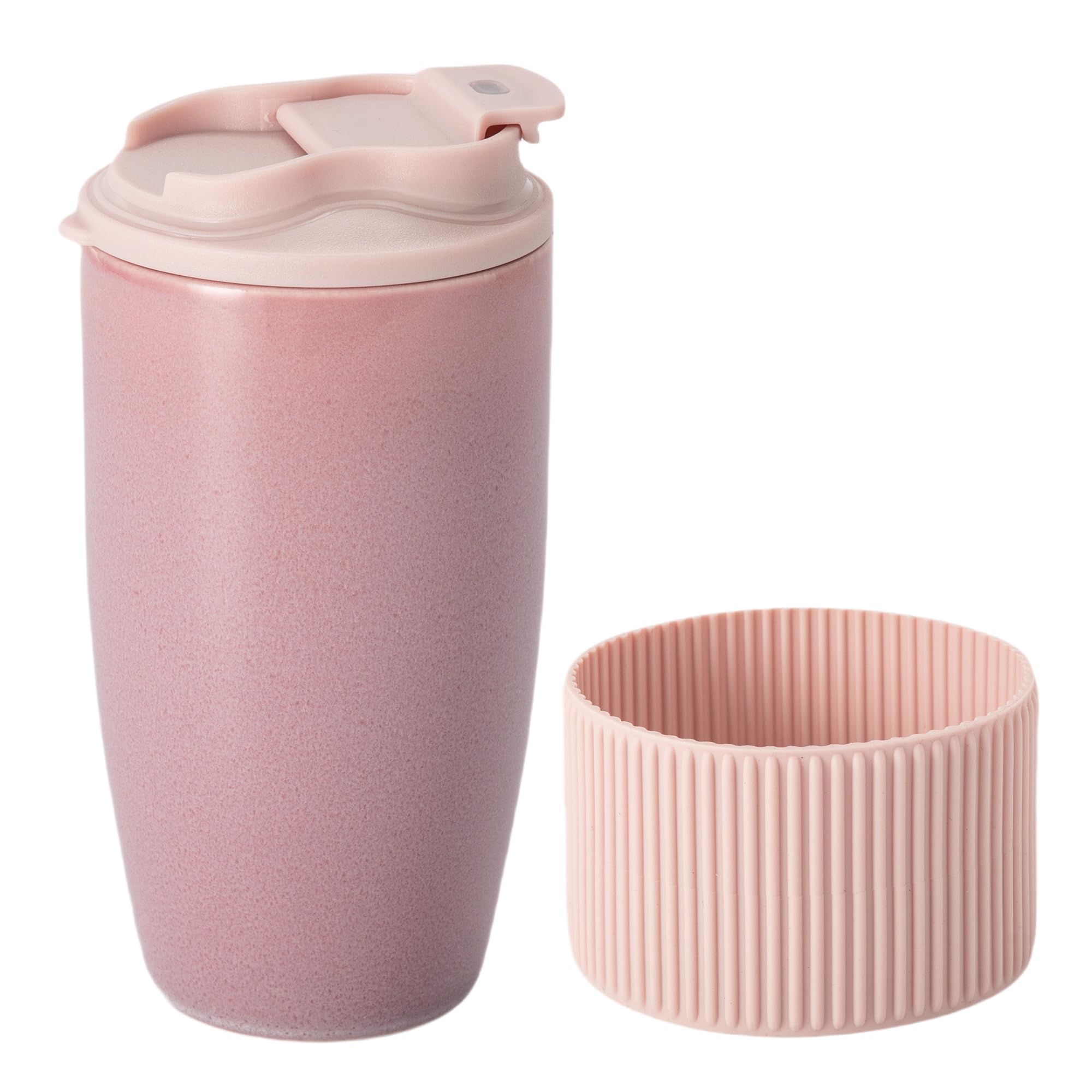 Ceramic Travel Coffee Mug with Polypropylene Lid and Insulated Sleeve, 16 oz, Portable Coffee Cup for Car Cup Holder, Transmutation Glaze Microwave and Dishwasher Safe(Pinkish Purple)