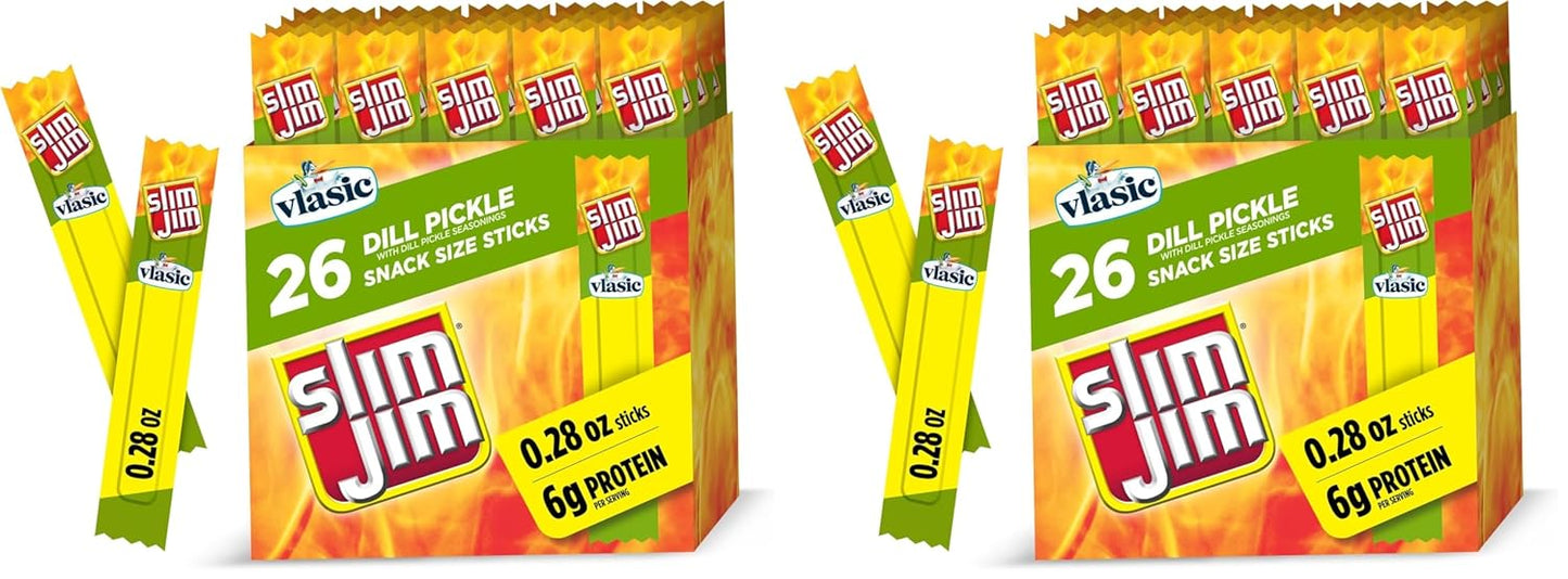 Slim Jim Smoked Meat Sticks, Vlasic Dill Pickle Flavor, 6g Protein Per Serving, Snack Size, 0.28 oz. (26 Count)