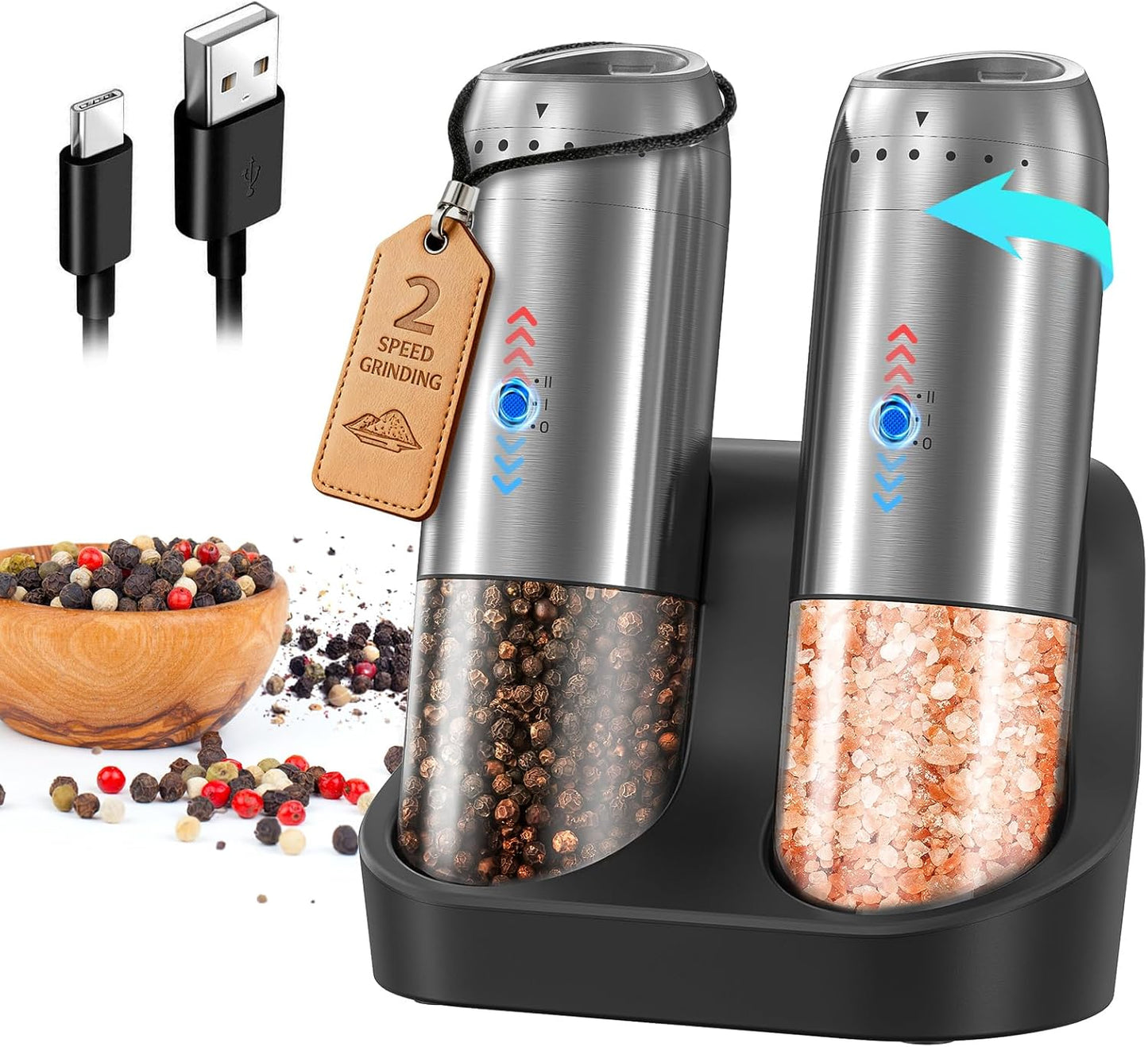 CIRCLE JOY Gravity Electric Salt and Pepper Grinder Set Automatic Salt and Pepper Grinder Set with LED Light, Battery Operated, Adjustable Coarseness, Large Capacity, for Home Kitchen BBQ