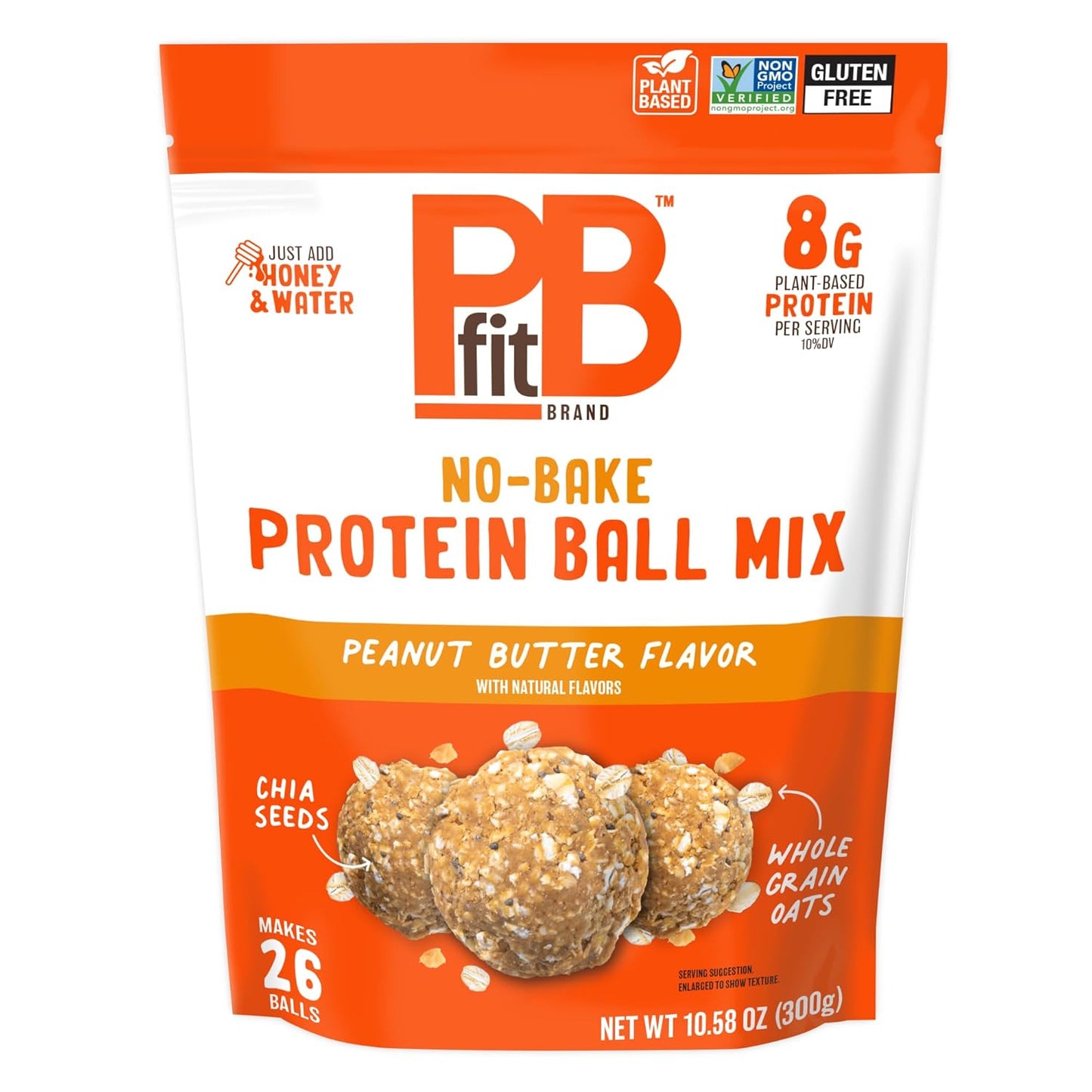 PBfit No Bake Peanut Butter Protein Ball Mix, 8g Protein, Made with Chia Seeds & Whole Grain Oats, Gluten Free, Vegan Snacks, 10.58 Oz Bag