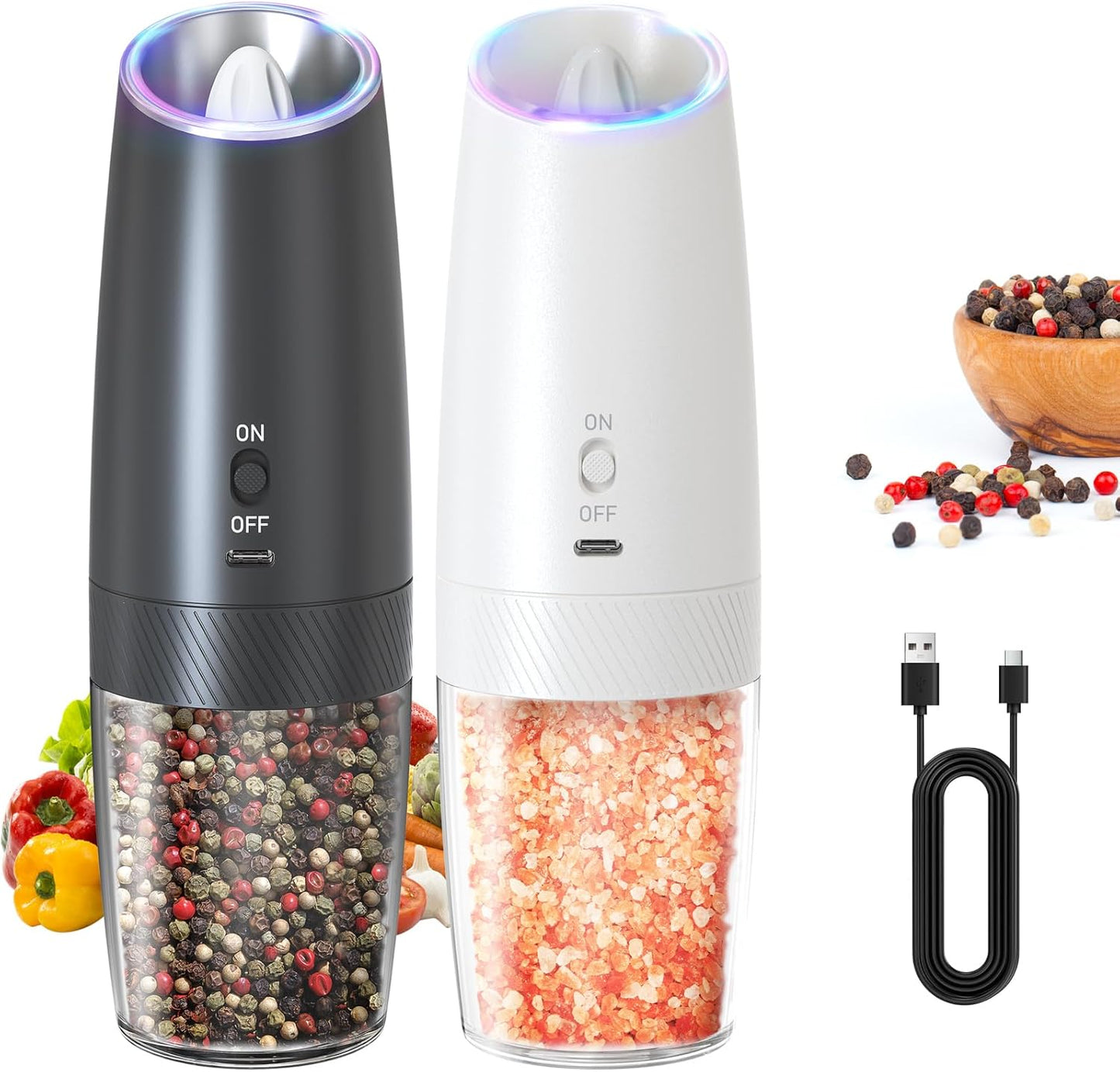 CIRCLE JOY Gravity Electric Salt and Pepper Grinder Set – Automatic LED Light Salt & Pepper Mills