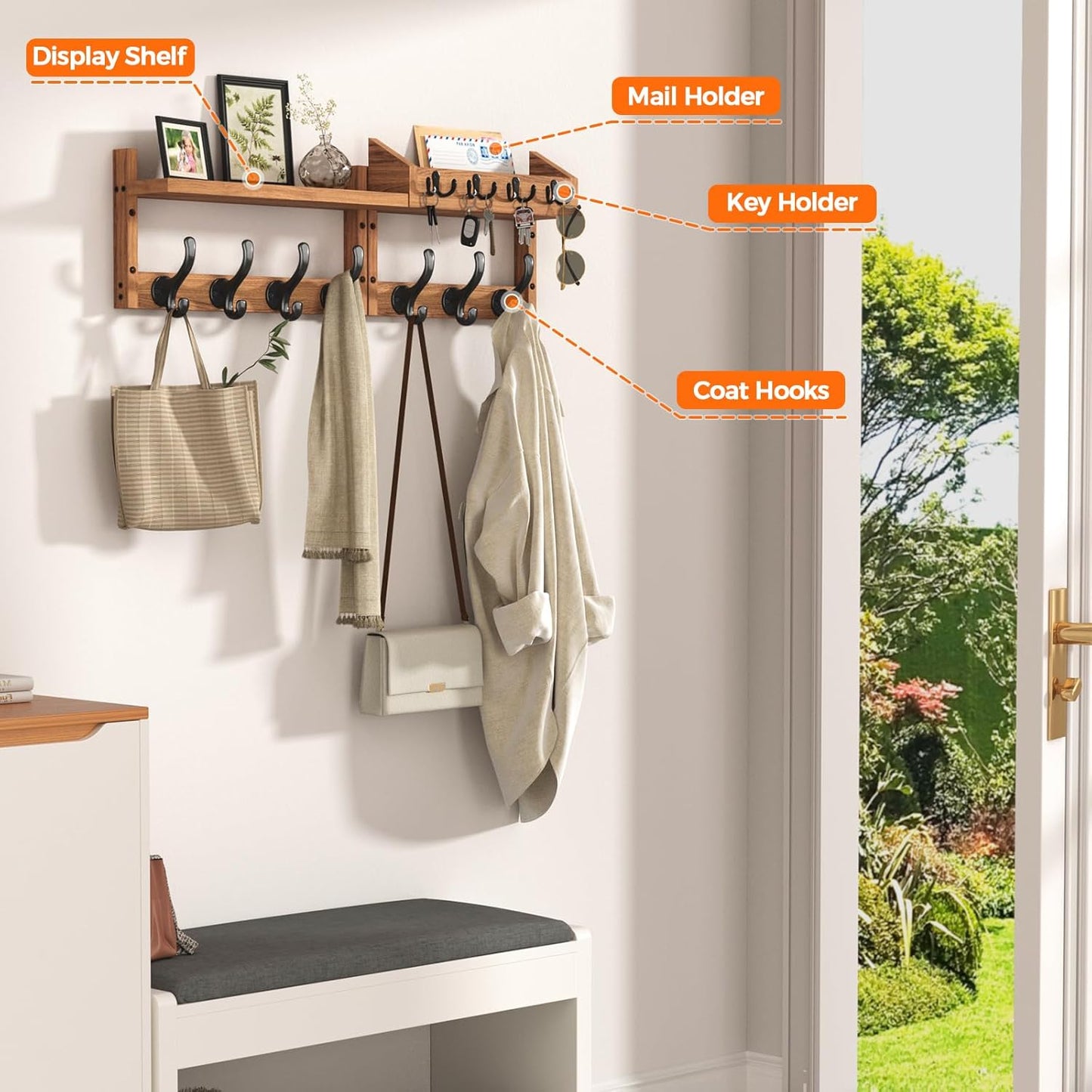 Evermagin 29" Coat Rack Wall Mount with Shelf, 4 in 1 Wall Mounted Coat and Key Hanger with 11 Hooks, Entryway Key Holder with Mail Holder for Living Room, Bedroom