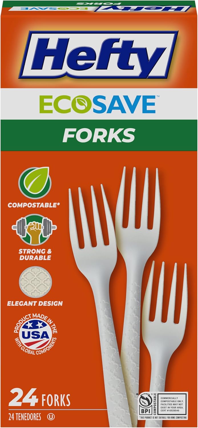 Hefty ECOSAVE Compostable Assorted Cutlery Set, Utensils for BBQs, Tailgates, Camping, Parties, and More, Includes 8 Forks, 8 Spoons, and 8 Knives, Compostable, Sustainable Design, 24 Count