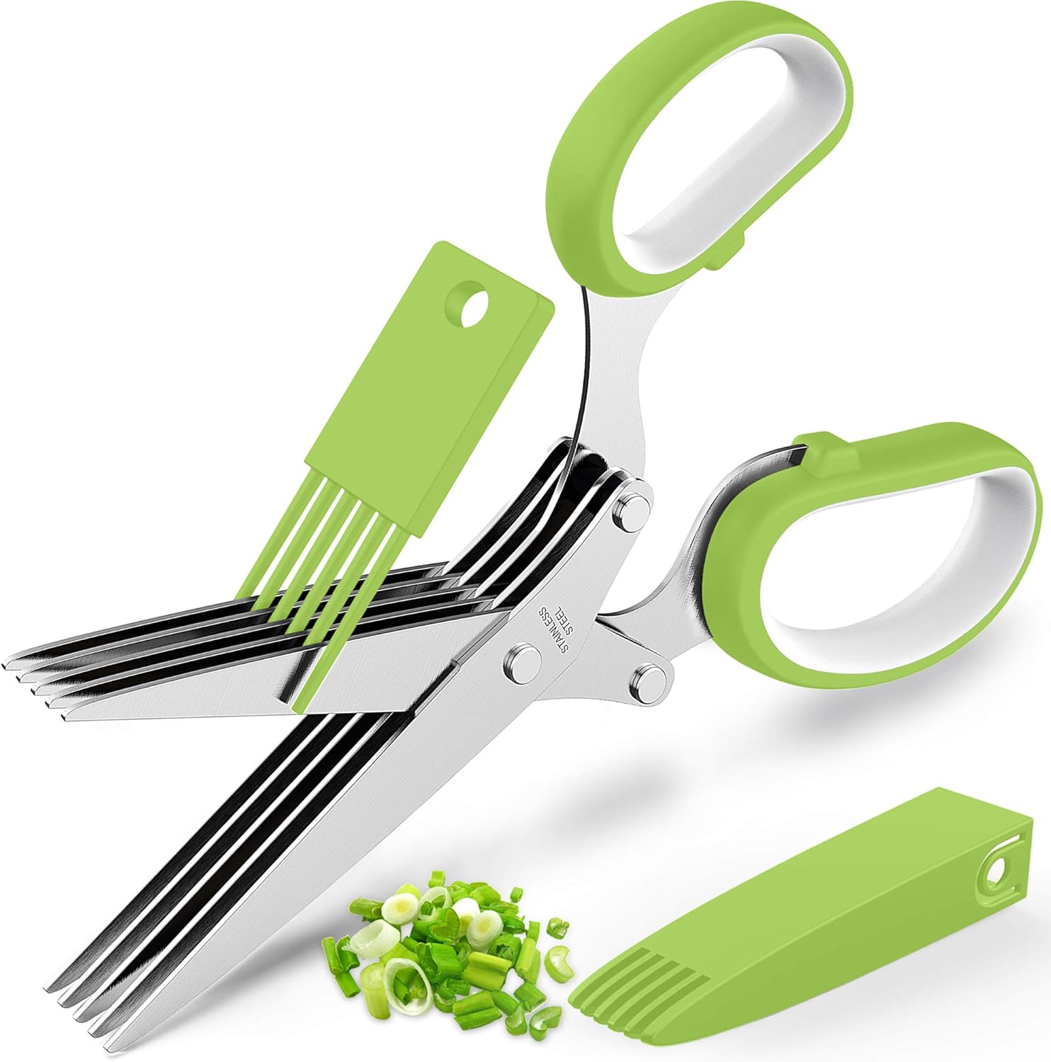 Herb Scissors Set - Updated 2025 Cool Kitchen Gadgets for Cutting Fresh Garden Herbs - Herb Cutter Shears with 5 Blades and Cover, Sharp and Anti-rust Stainless Steel, Dishwasher Safe (Green-White)