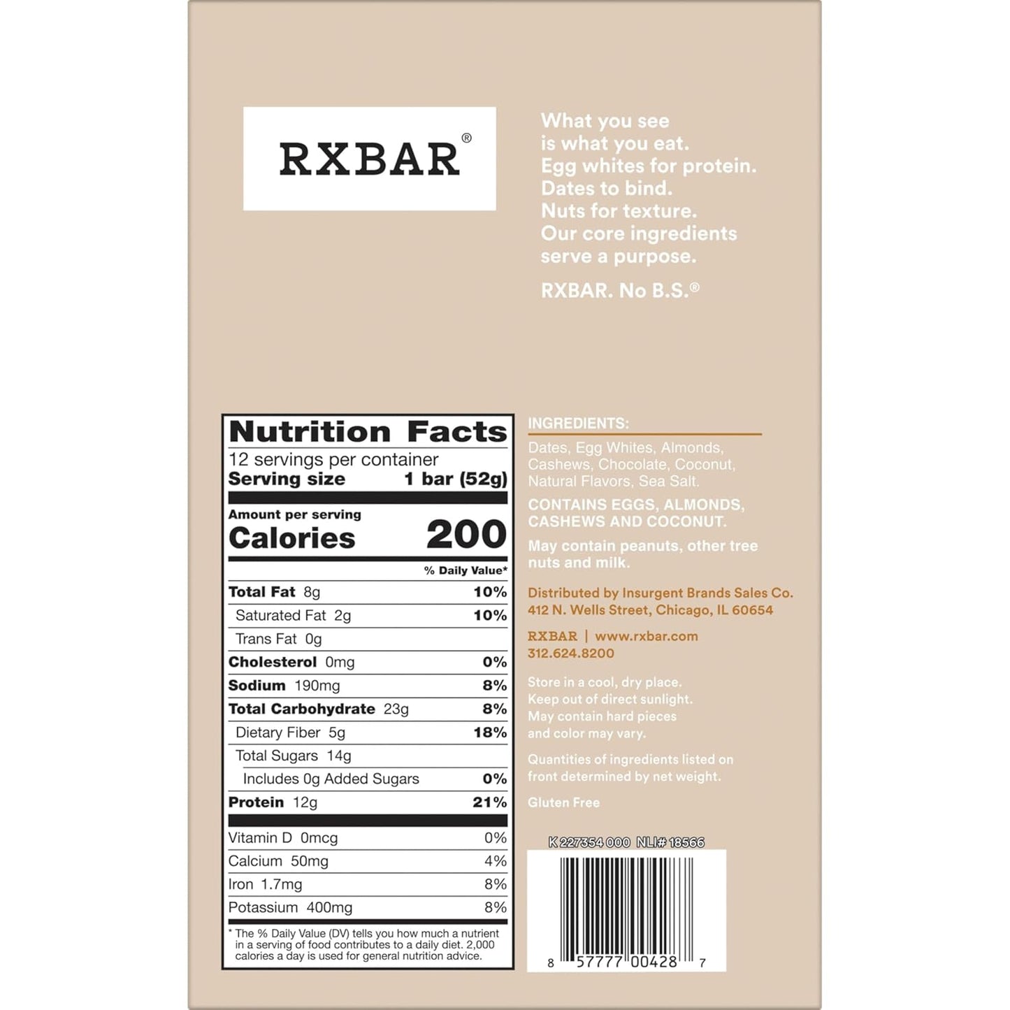 RXBAR Protein Bars, Protein Snack, Snack Bars, Coconut Chocolate, 22oz Box (12 Count)