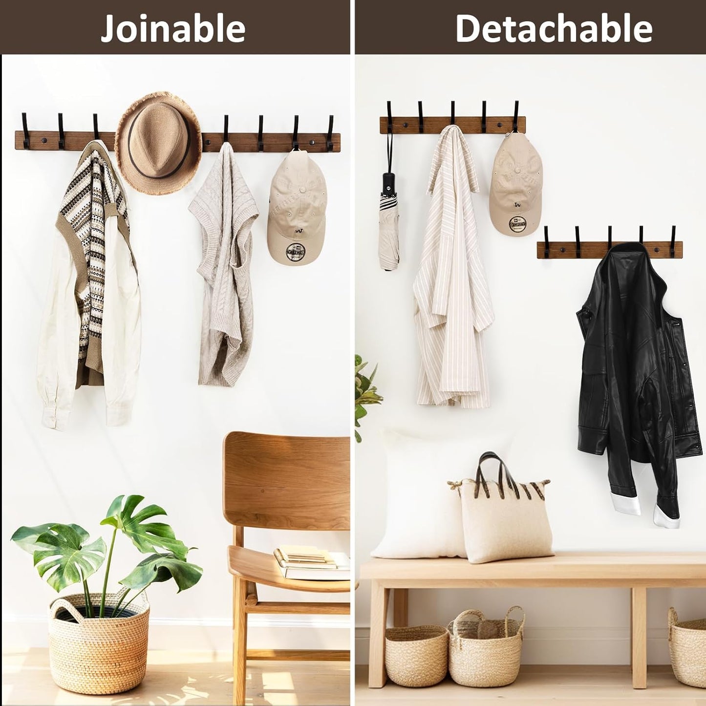 Coat Rack Wall Mount, 16.5 Inches Wood Coat Hooks, Wall Hooks for Hanging, Hat Rack Bag Hanger Key Holder for Wall, Purse Hanger Towel Racks for Bathroom (1Pack, Brown)