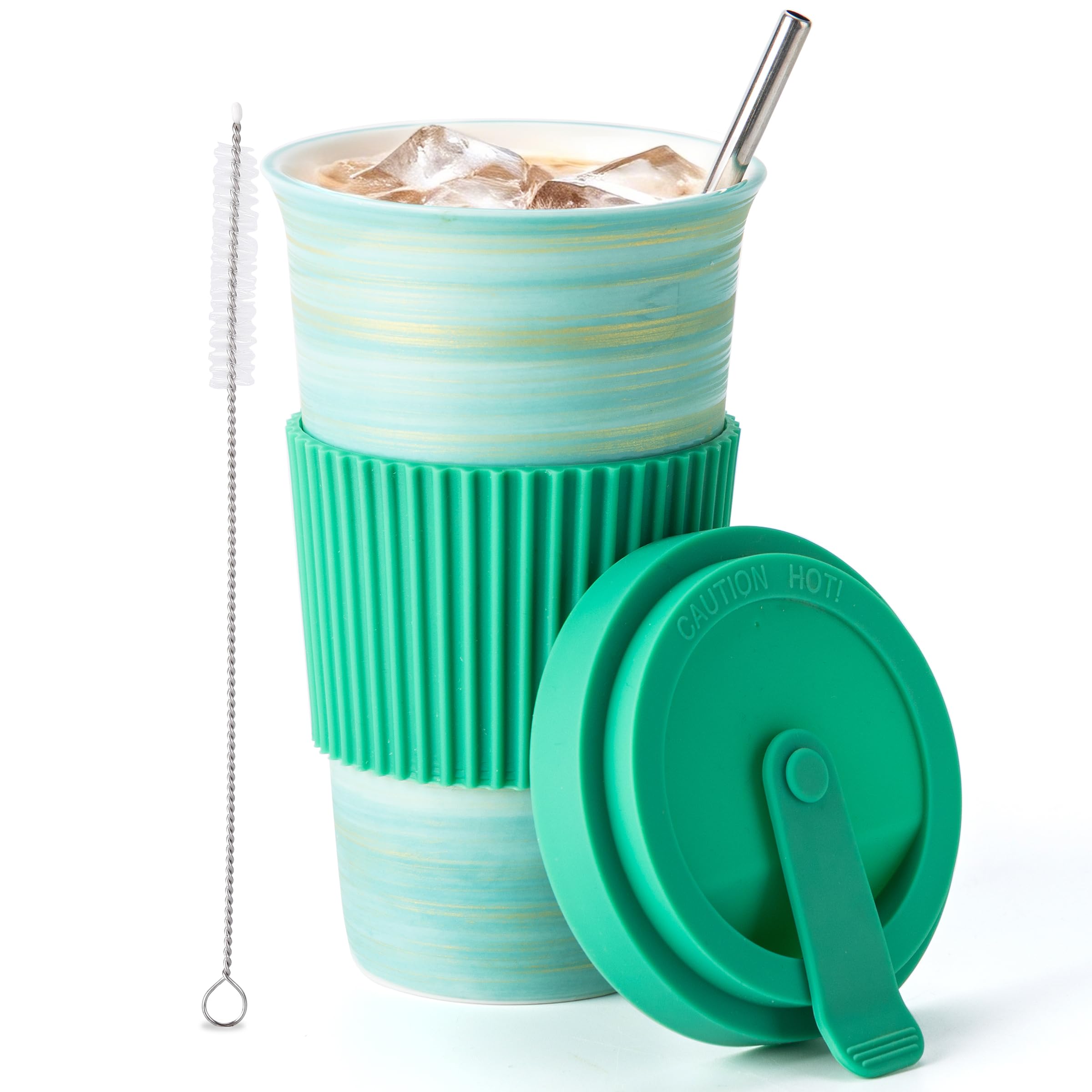 Ceramic Coffee Mug with Lid & Straw, 15oz Handmade Glazed Travel Mug, Microwave & Dishwasher Safe, Fits Most Car Cup Holders, Giftable Mug for Latte, Iced Coffee & Daily Warm Drinks
