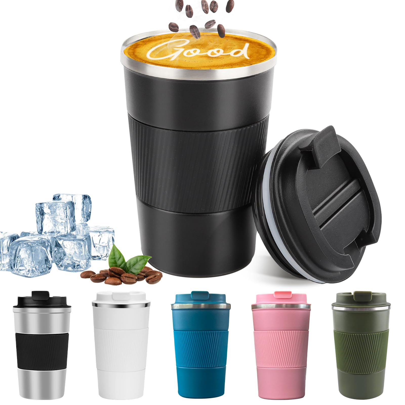 YINBAOGE Insulated Travel Coffee Mug, Spill & Leak Proof, Portable To Go Camping Stainless Steel Coffee Tumbler, Reusable Thermal Coffee Cup with Lid for Hot & Cold Drinks (Black, 12 OZ)